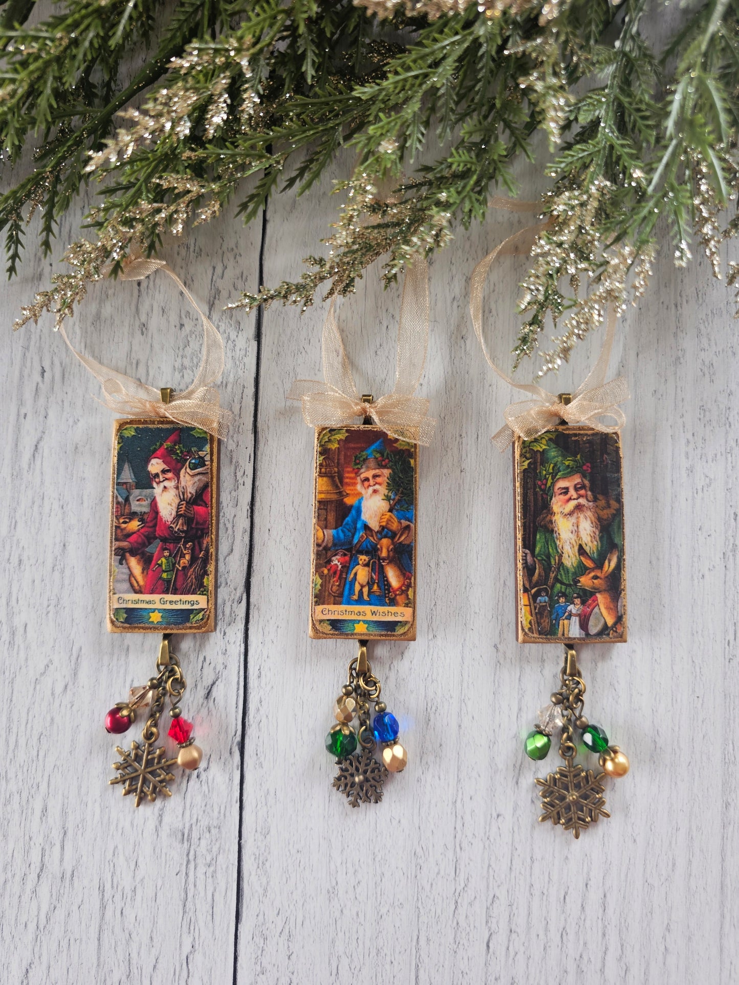 Christmas Ornaments, Woodland Vintage Santa, Buy 1 or Set of 3