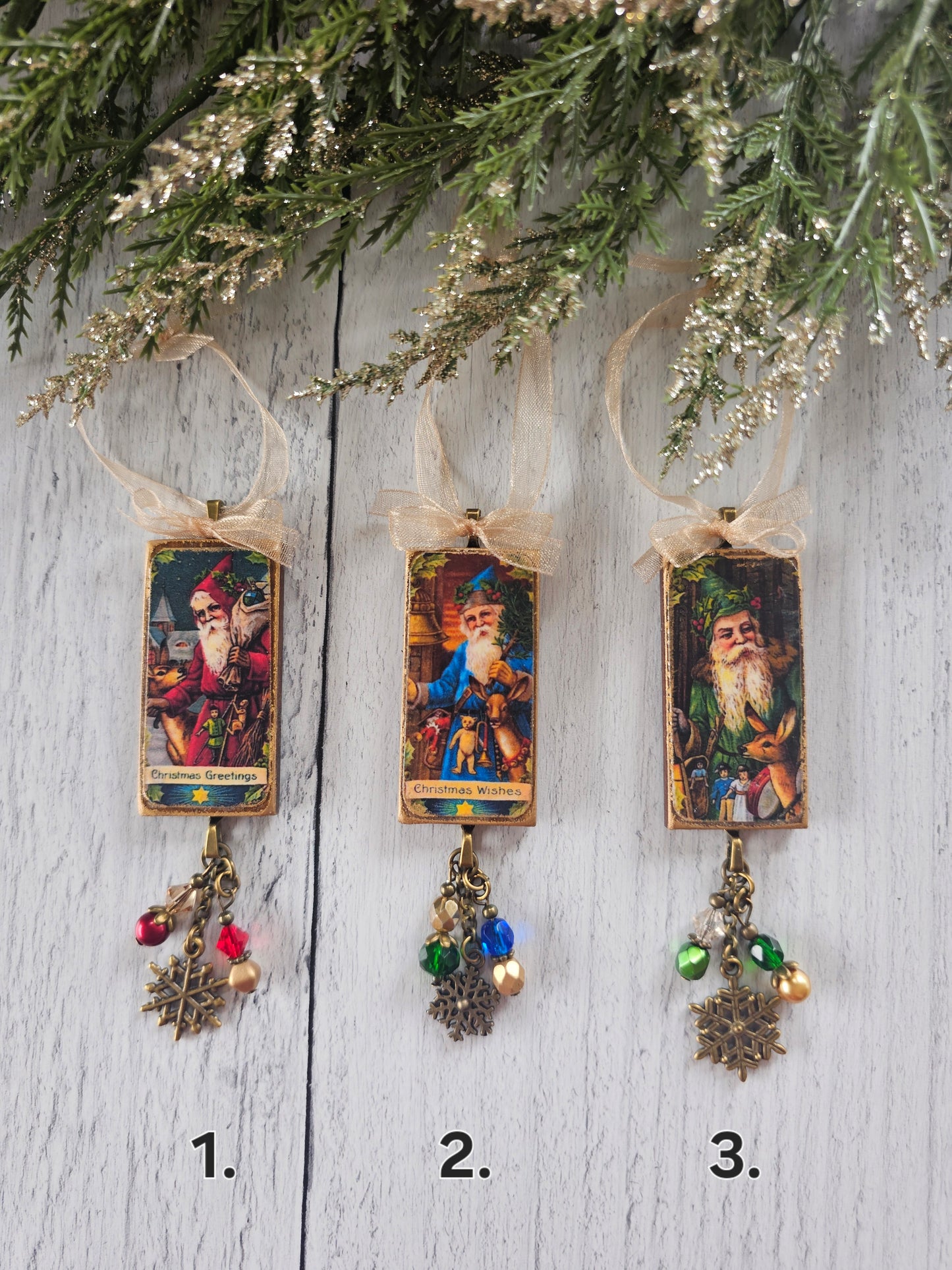 Christmas Ornaments, Woodland Vintage Santa, Buy 1 or Set of 3