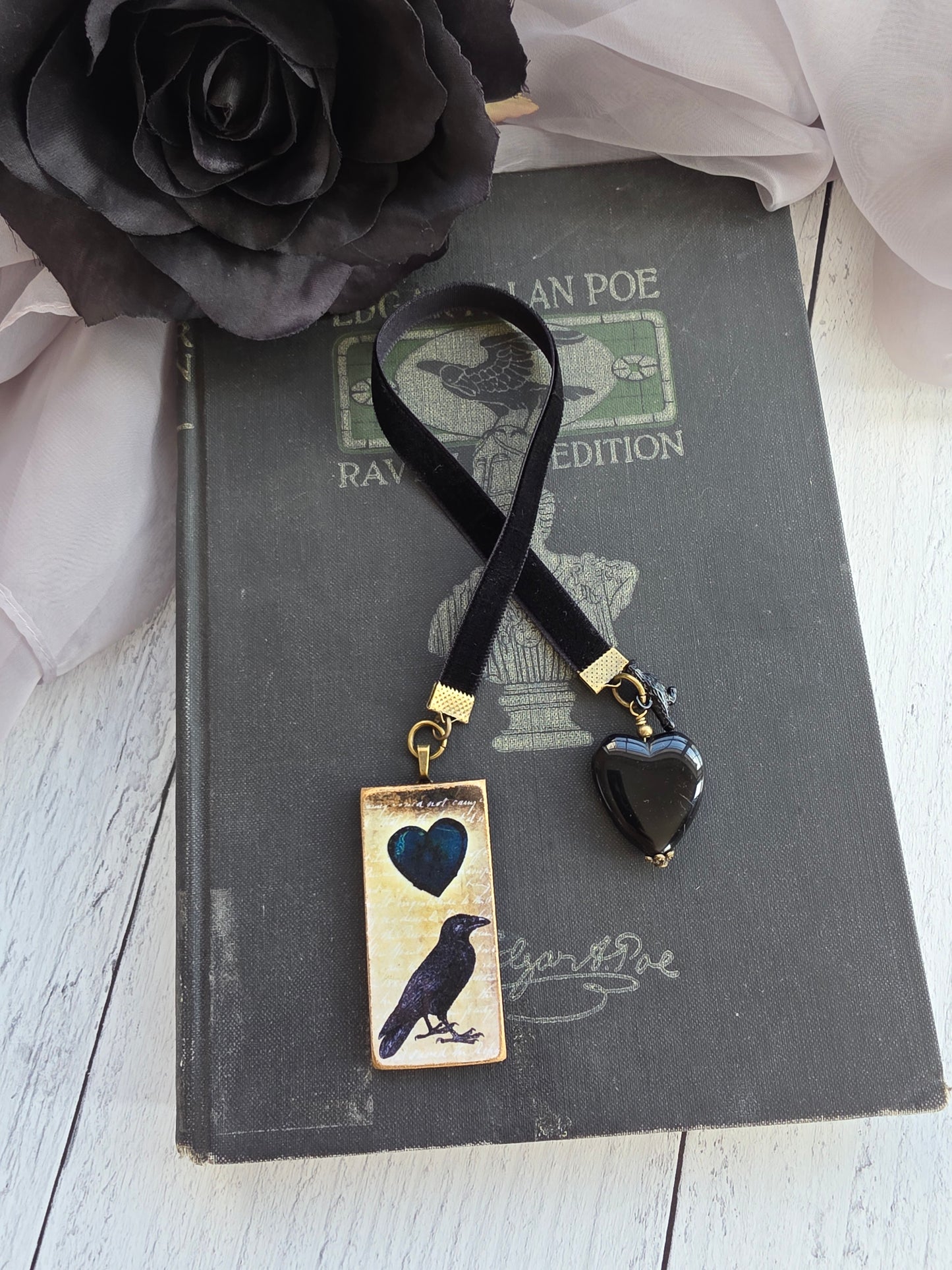 Black Raven Velvet Ribbon Bookmark