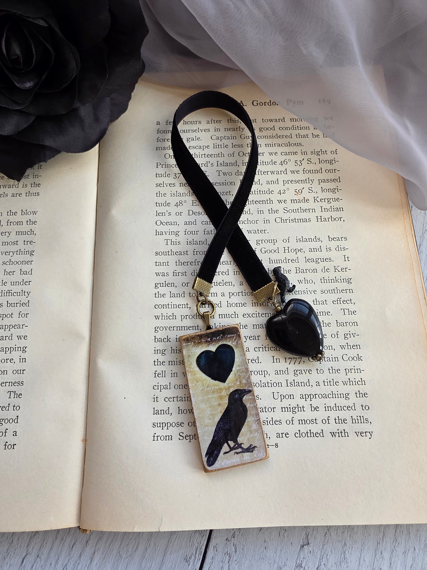 Black Raven Velvet Ribbon Bookmark