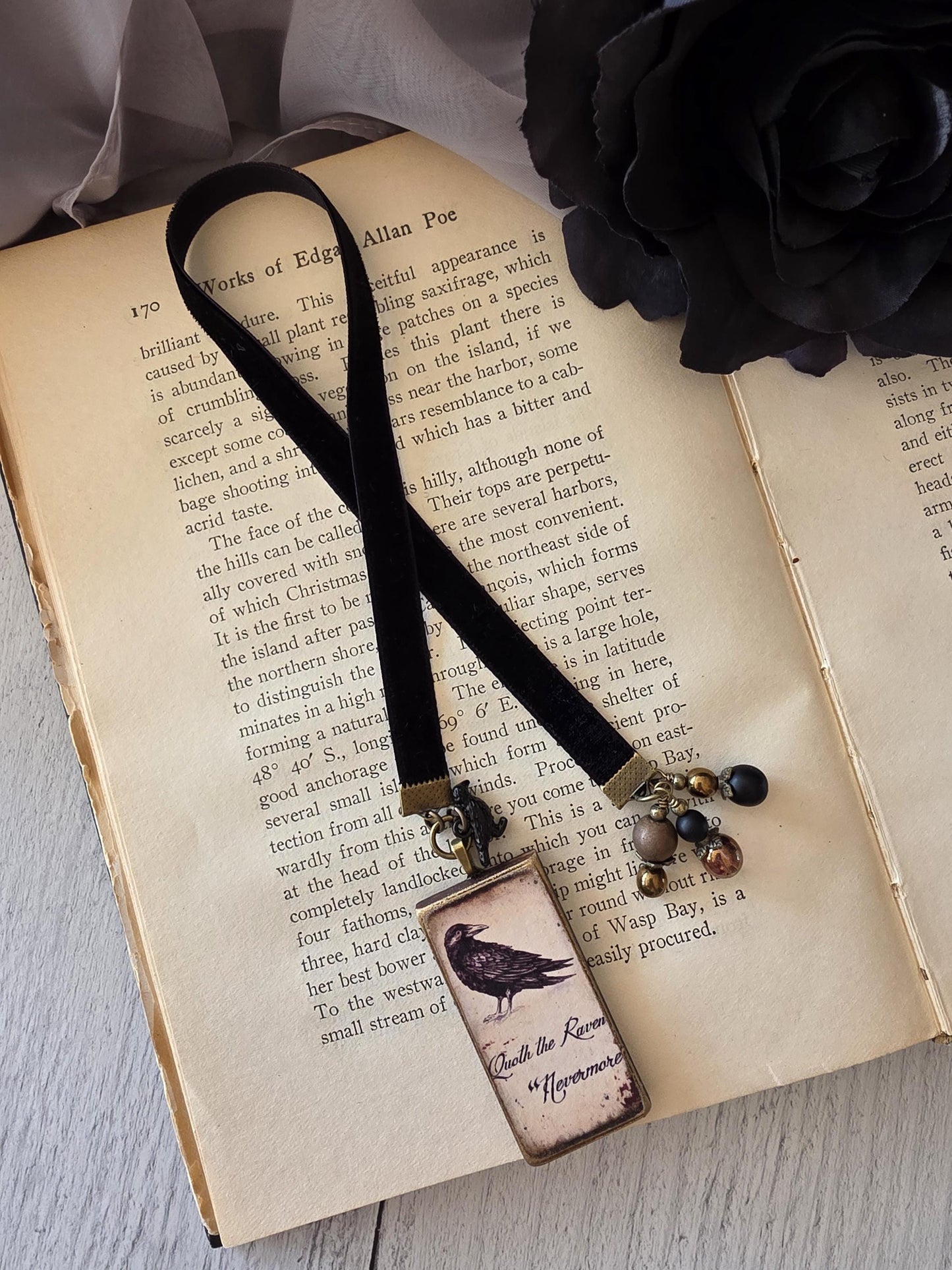 Raven Bookmark, Black Velvet Book Thong, Bookmarker, Teacher Gift