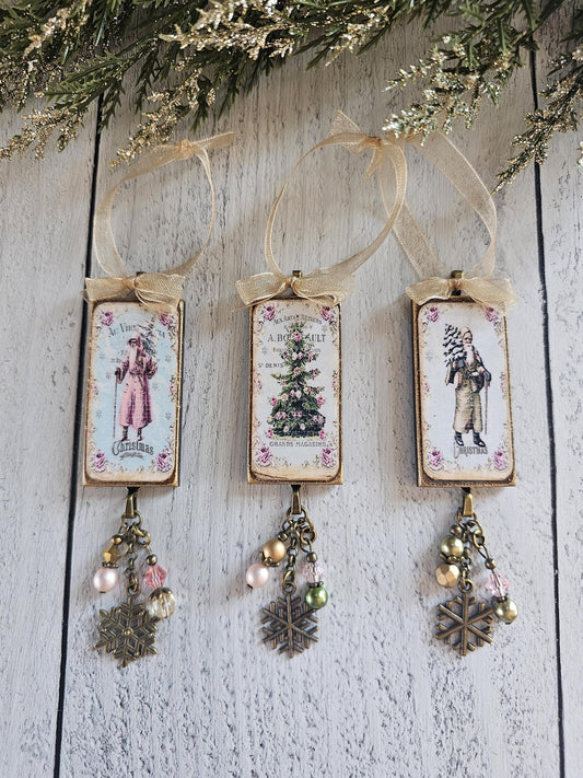 Set of Three Handmade Pink Santa, Christmas Tree Ornaments, Buy 3 or Singles