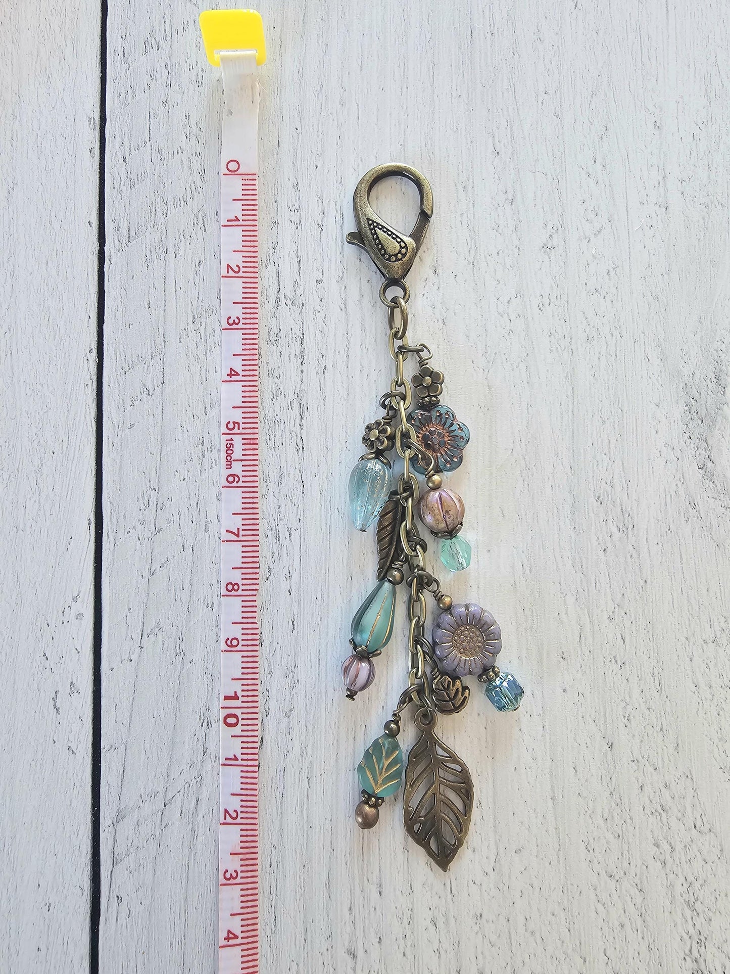 Boho Style Beaded Bag Charm Zipper Pull With Nature Theme, Flowers, Leaves