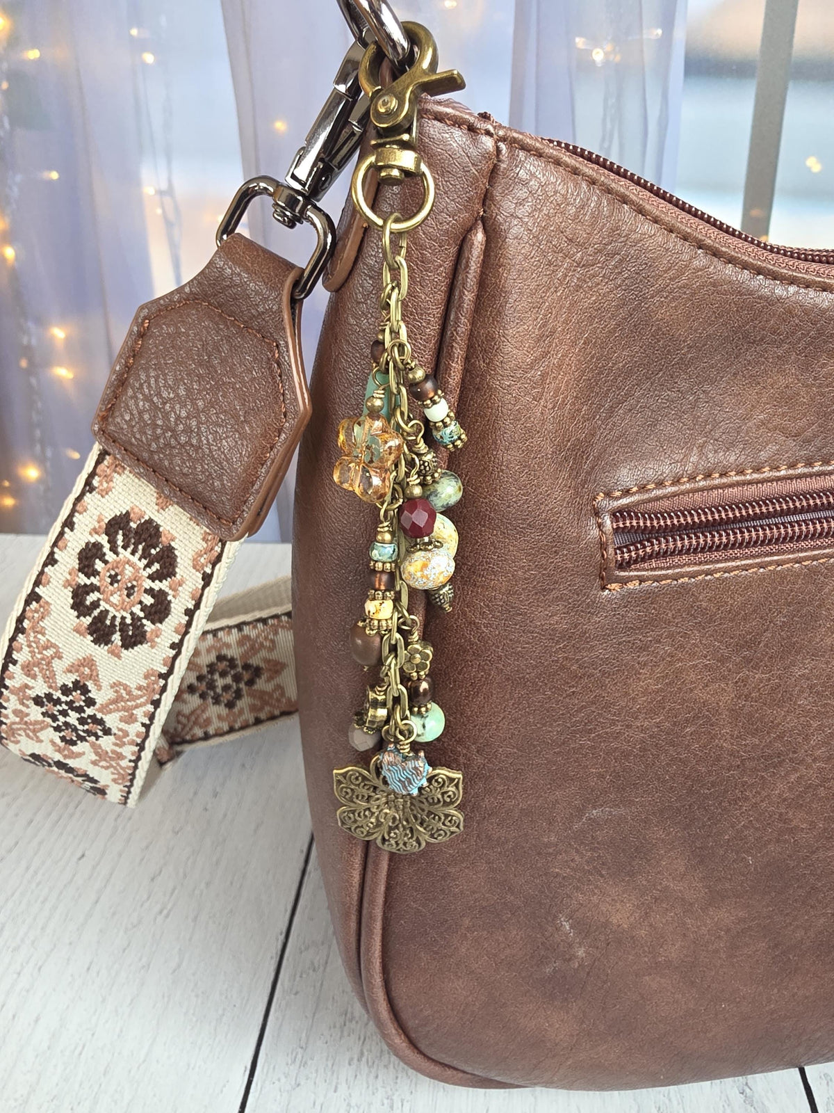 Boho Beaded Bag Charm, Hearts and Flowers in Blue and Brown