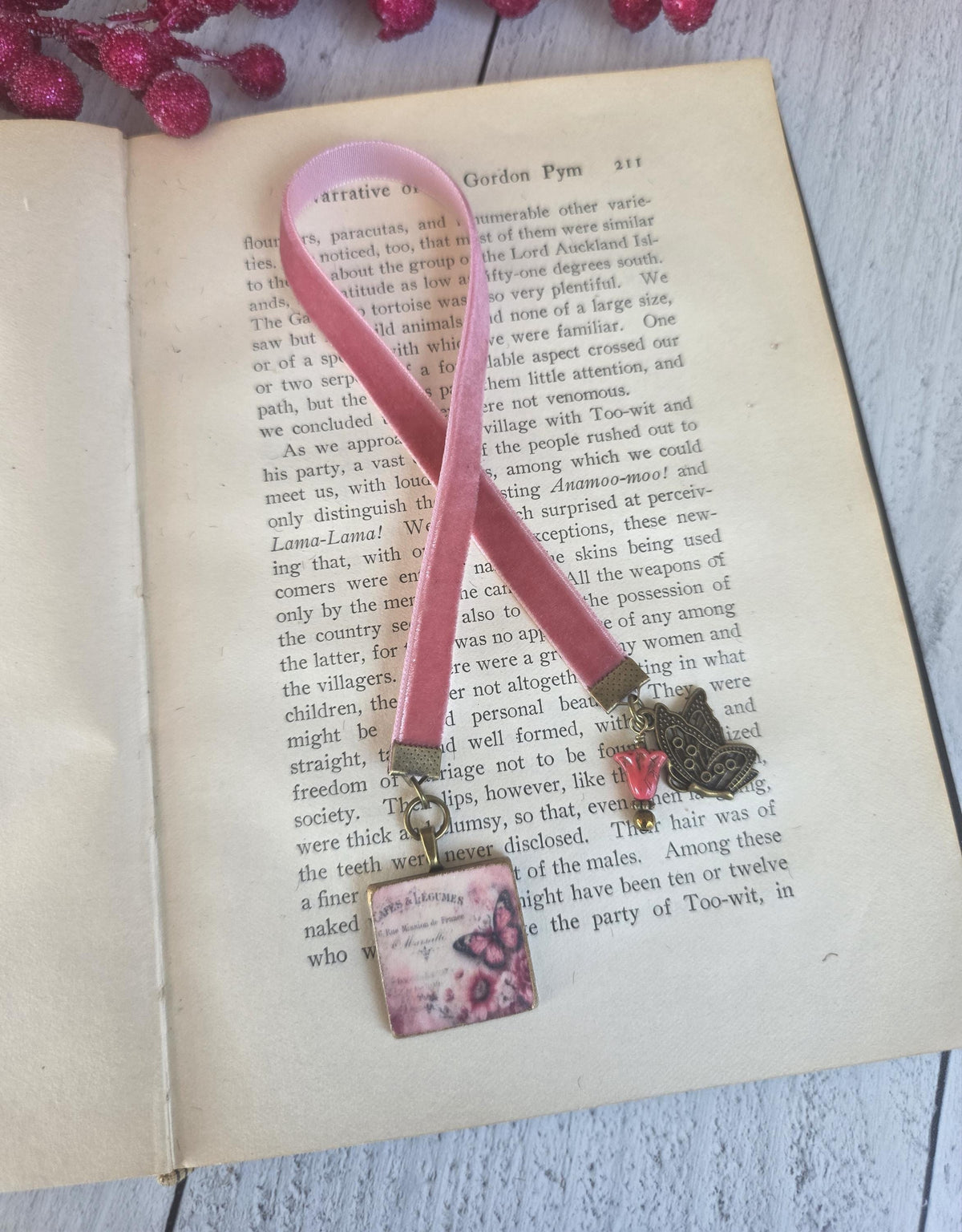 Bookmark With Handmade Butterfly Pendant and Velvet Ribbon