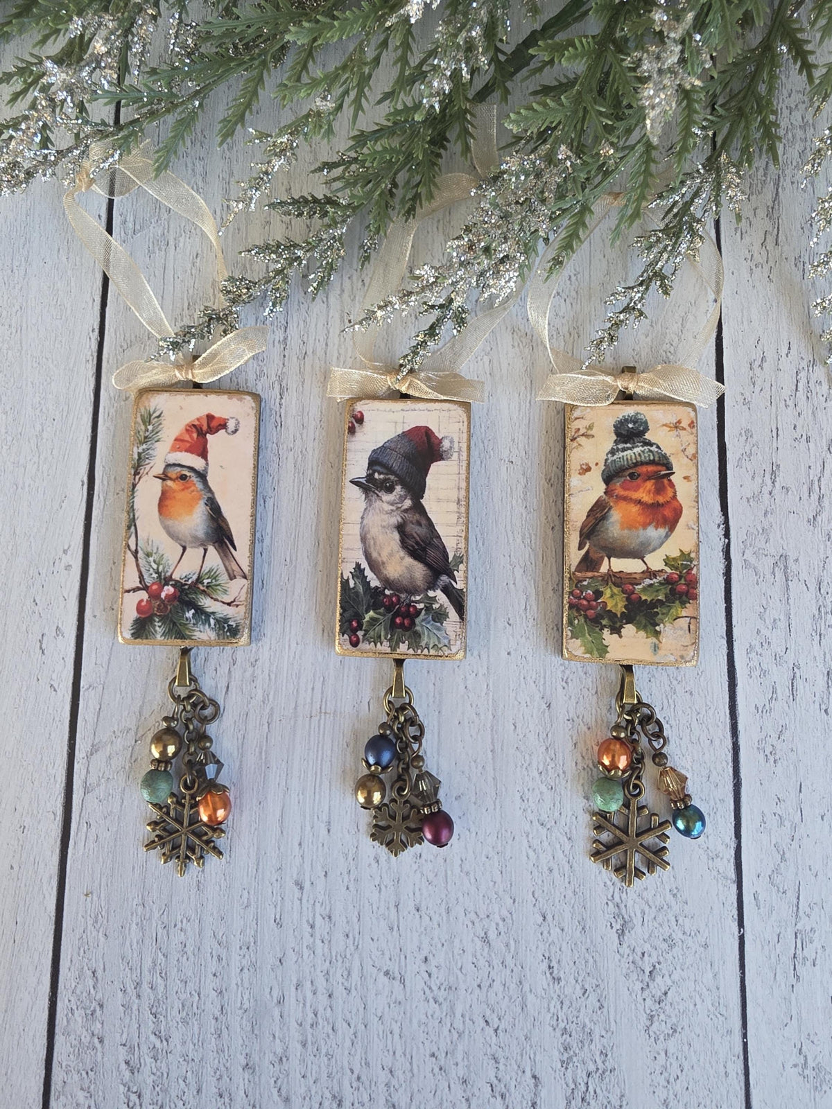 Handmade Whimsical Birds With Hats Christmas Ornaments