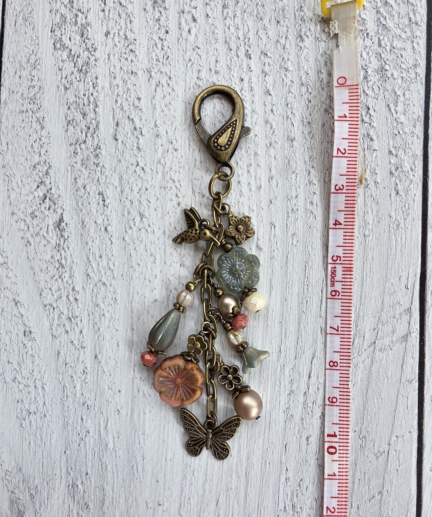 Boho Style Beaded Bag Charm Zipper Pull With Hummingbird and Butterfly Charms