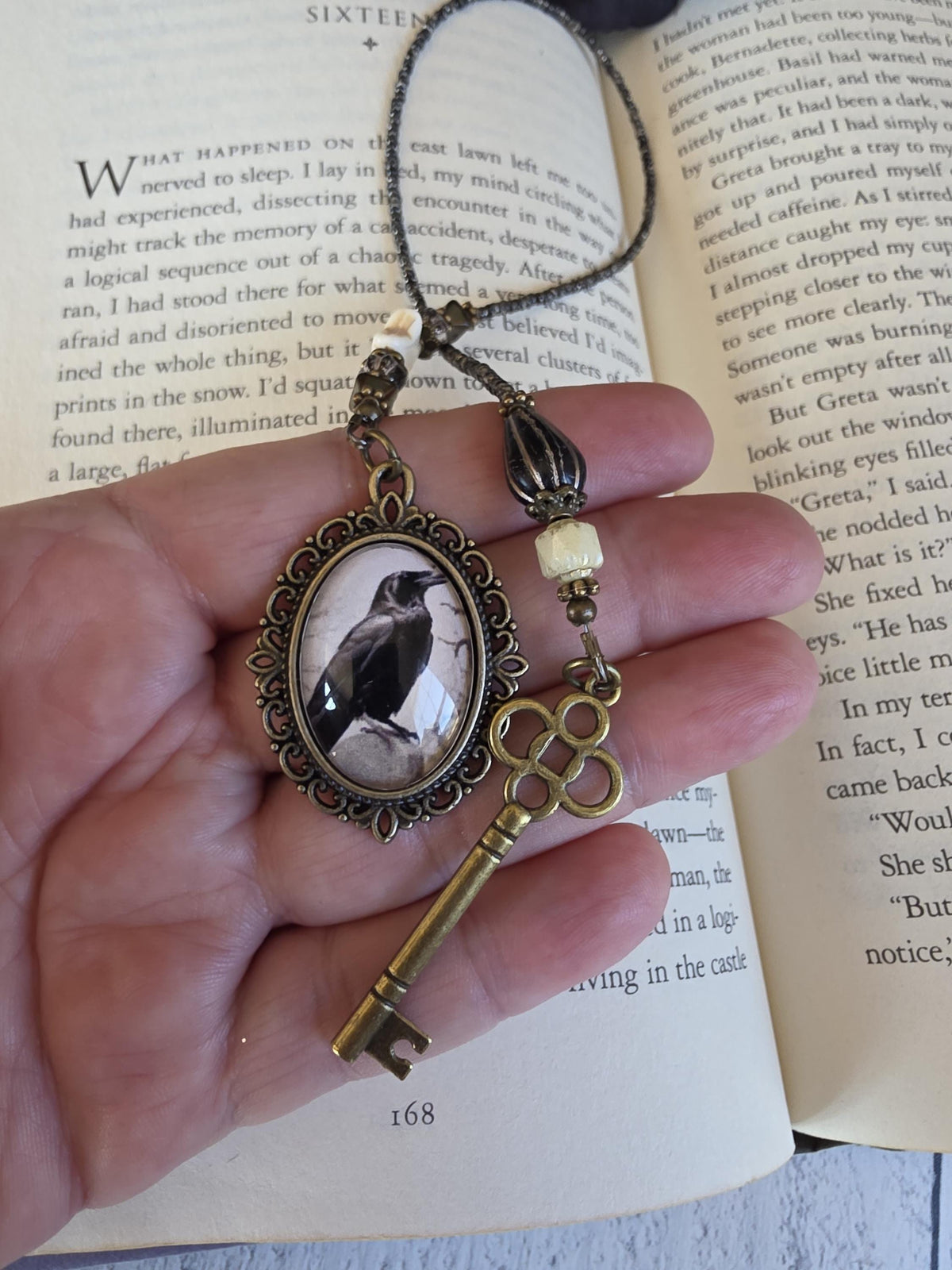 Raven And Bronze Key Bookmark With Velvet Ribbon
