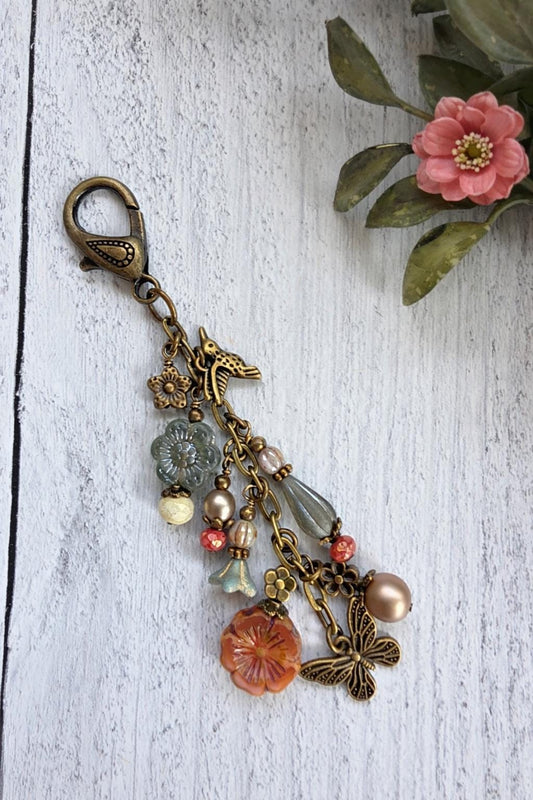 Boho Style Beaded Bag Charm Zipper Pull With Hummingbird and Butterfly Charms