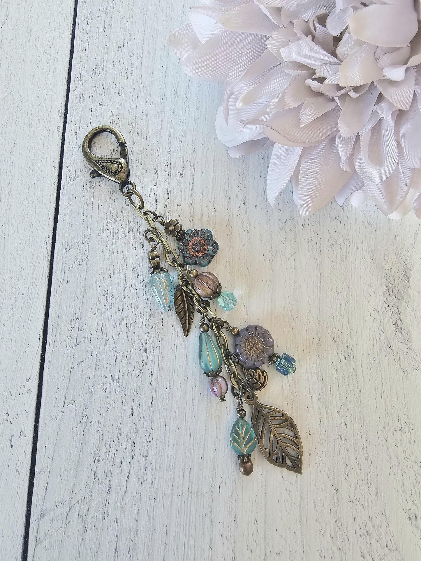 Boho Style Beaded Bag Charm Zipper Pull With Nature Theme, Flowers, Leaves