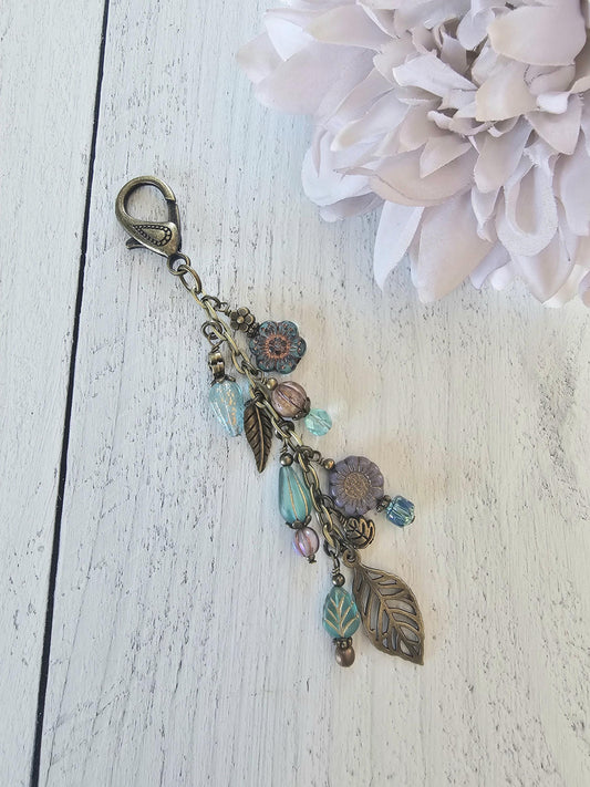 Boho Style Beaded Bag Charm Zipper Pull With Nature Theme, Flowers, Leaves