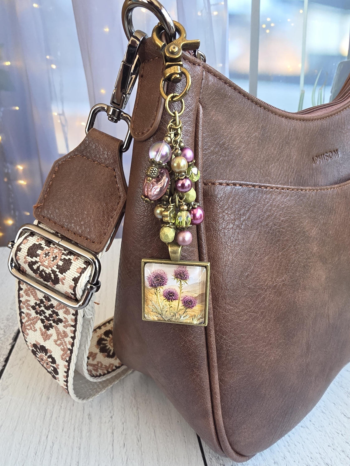 Beaded Bag Charm With Thistle Theme, Purse Flair