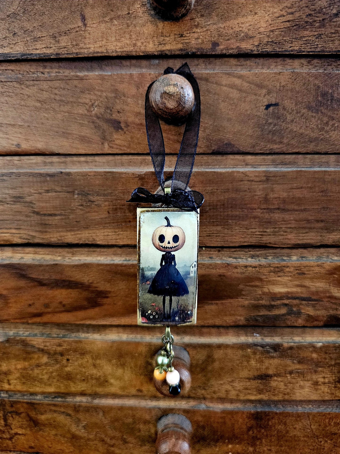 Whimsical Halloween Ornament, Pumpkin Head Girl