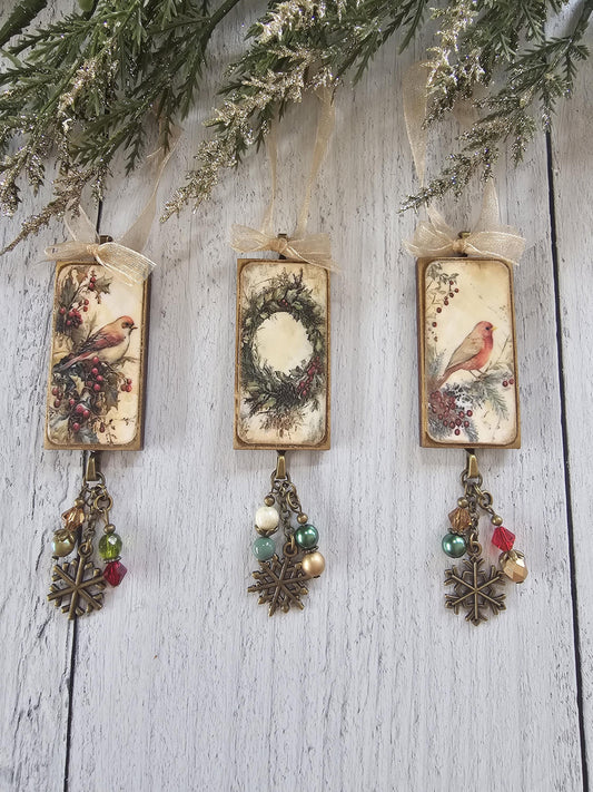 Handmade Yule Ornaments, Winter Birds and Wreath