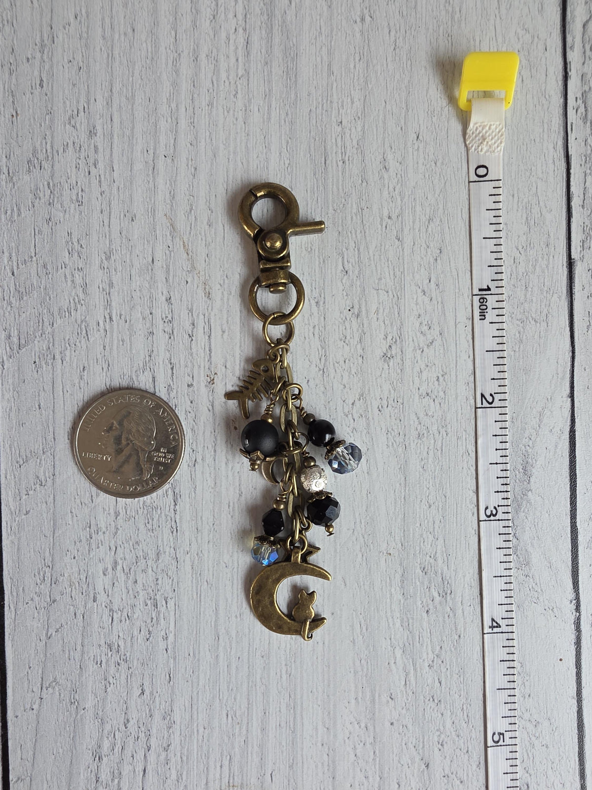 Cat and Moon Purse Charm With Beaded Accents