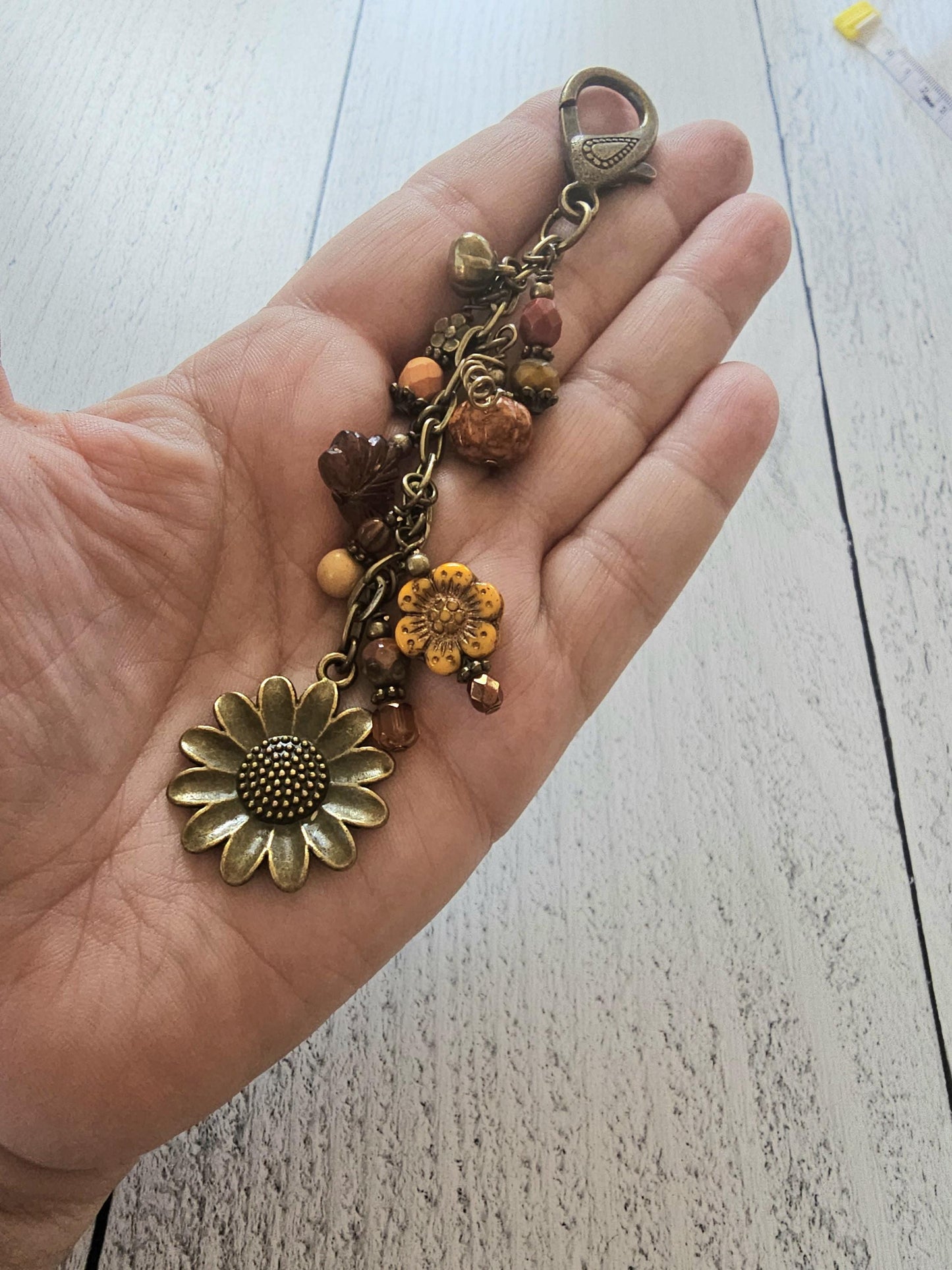 Boho Style Pumpkin Beaded Bag Charm Zipper Pull With Bronze Plated Sunflower Charm, Perfect for Fall!