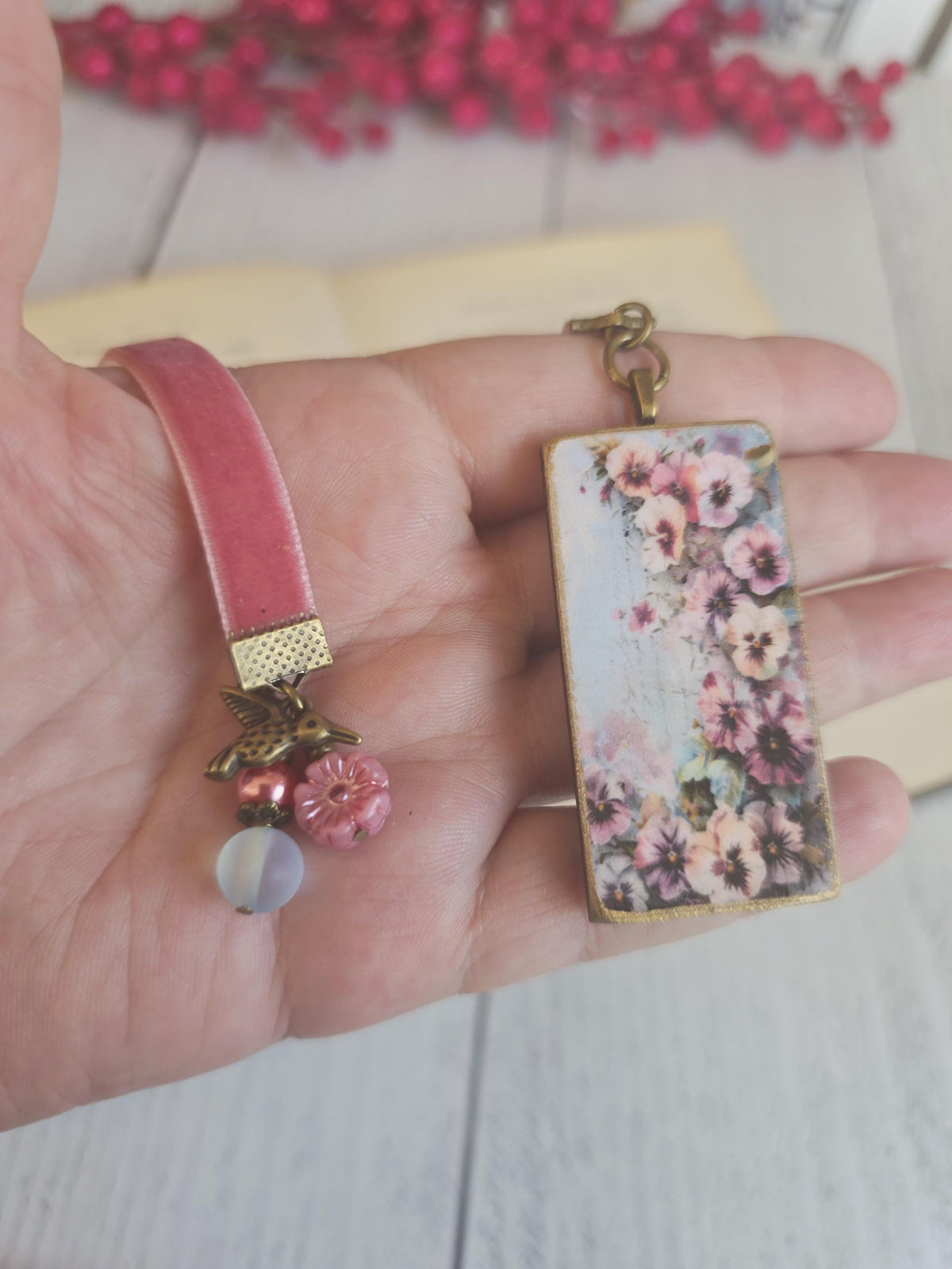 Flower Bookmark with Handmade Pansies Pendant