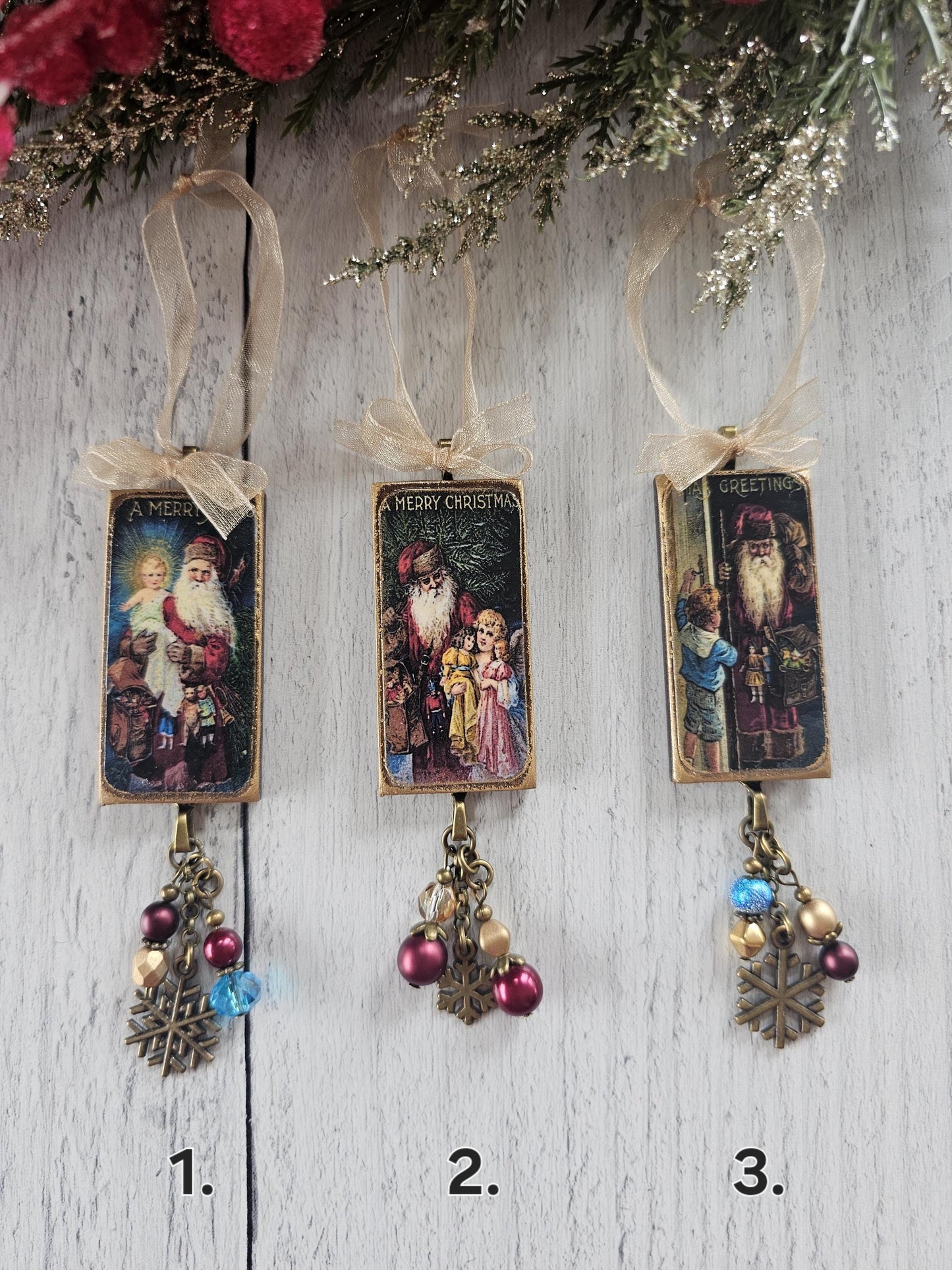 Set of Three Handmade Christmas Ornaments Featuring Vintage Santa Claus With Children, Buy One or All Three