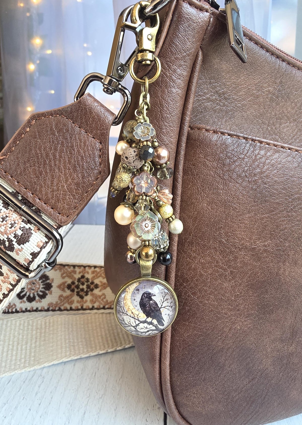Crescent Moon And Raven Bag Bling, Beaded Purse Charm