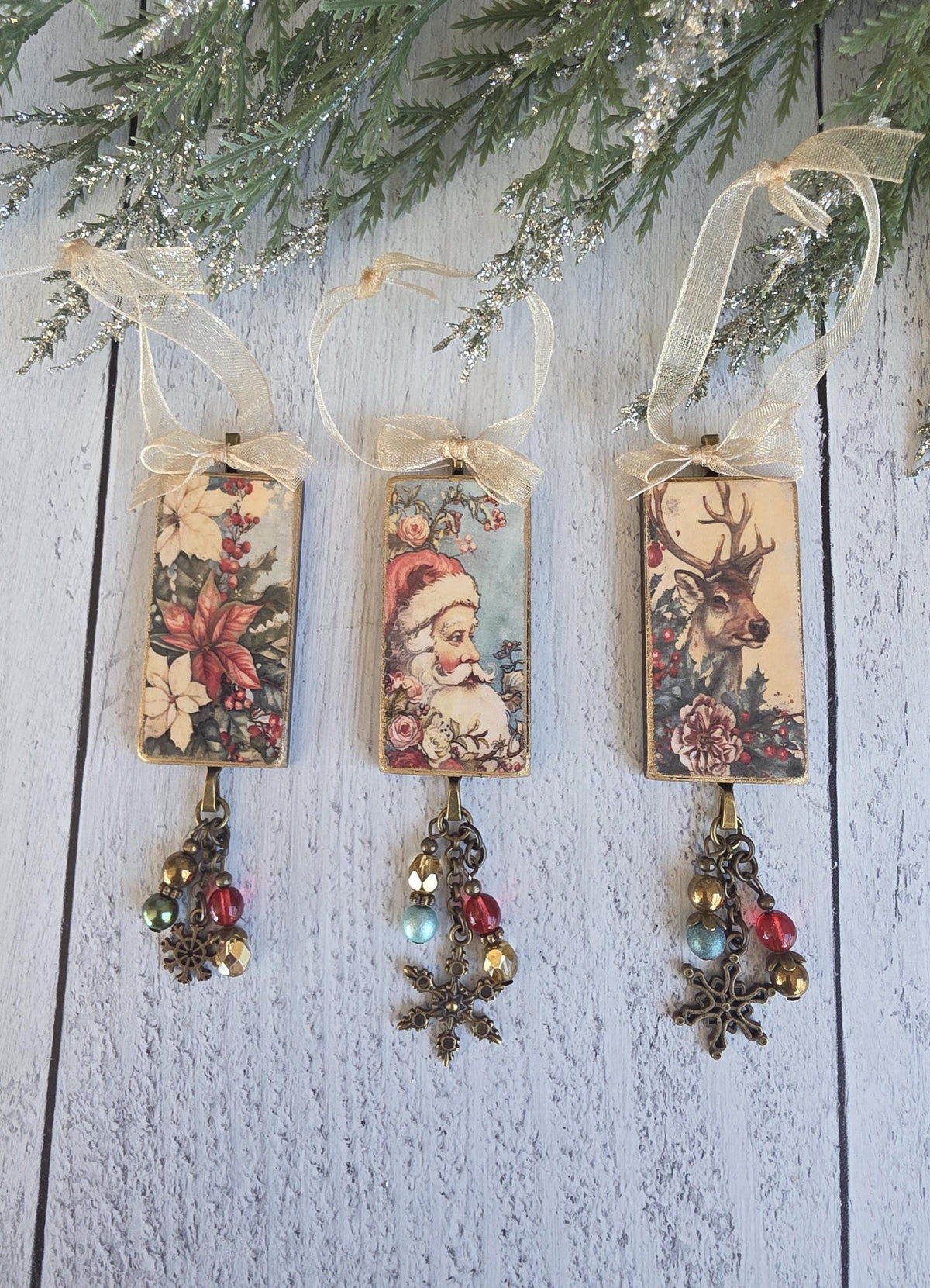 Handmade Christmas Ornaments With Santa Claus, Poinsettia and Stag