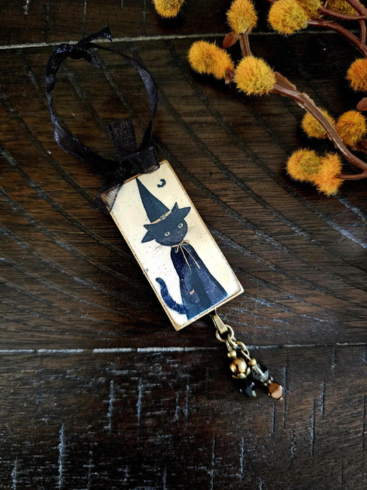 Witch Cat Whimsical Ornament, Halloween Decor
