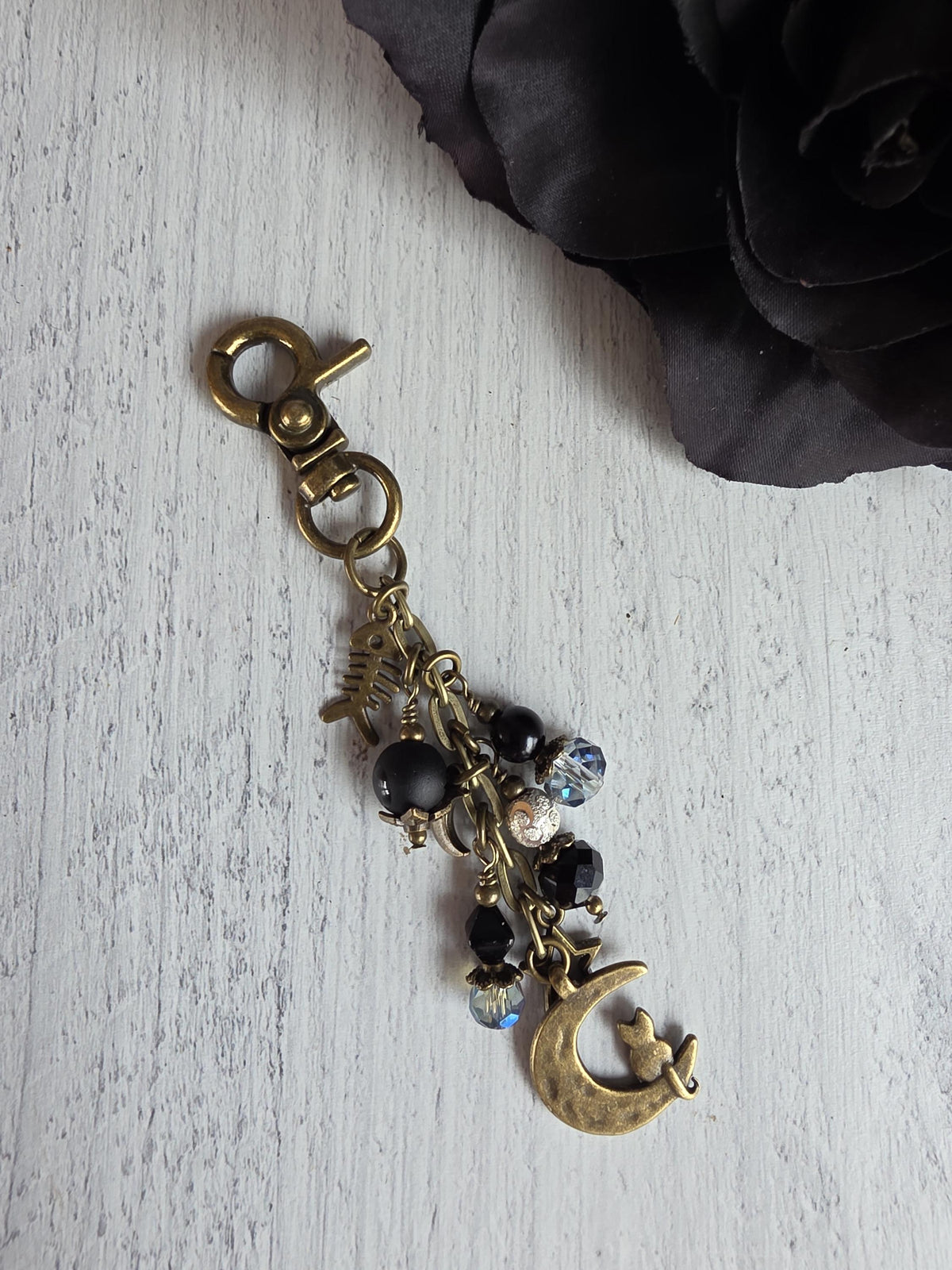 Cat and Moon Purse Charm With Beaded Accents