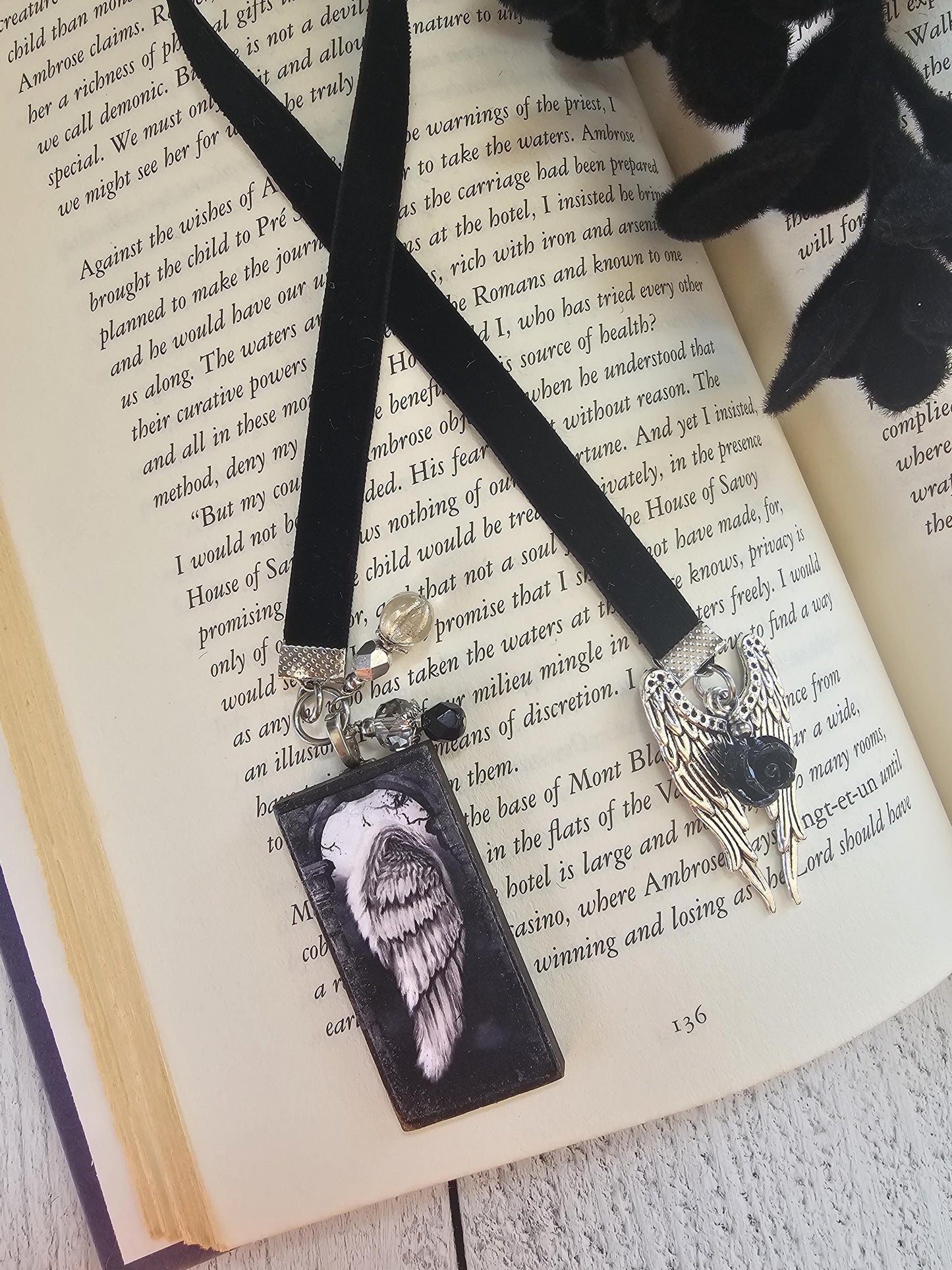 Gothic Bookmark, Angel Wing Bookmarker, Velvet Ribbon Bookmark, Reader Gift