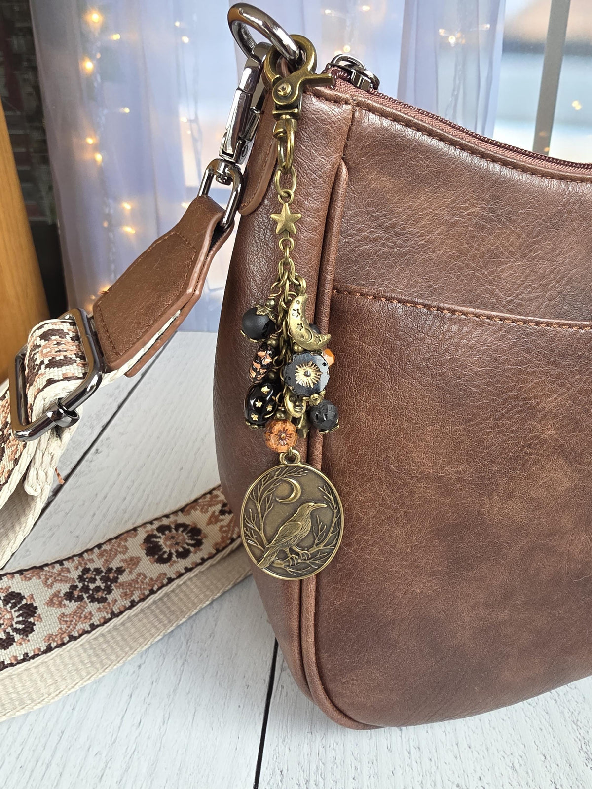 Raven or Crow Theme Bag Charm With Moon Accents