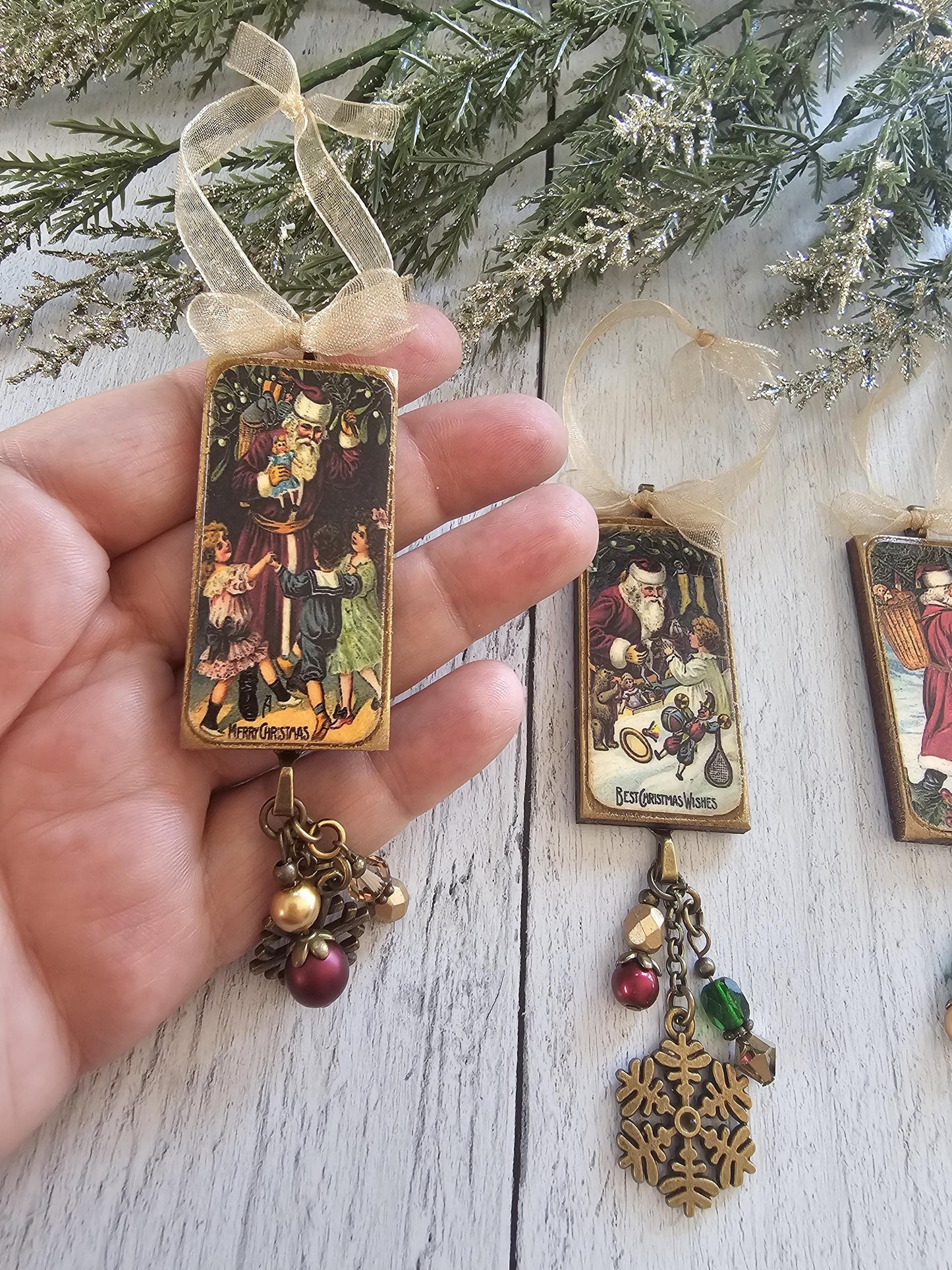 Handmade Christmas Ornaments Featuring Vintage Santa