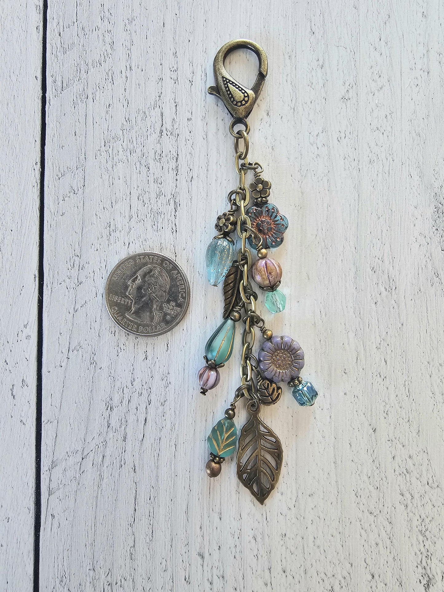 Boho Style Beaded Bag Charm Zipper Pull With Nature Theme, Flowers, Leaves