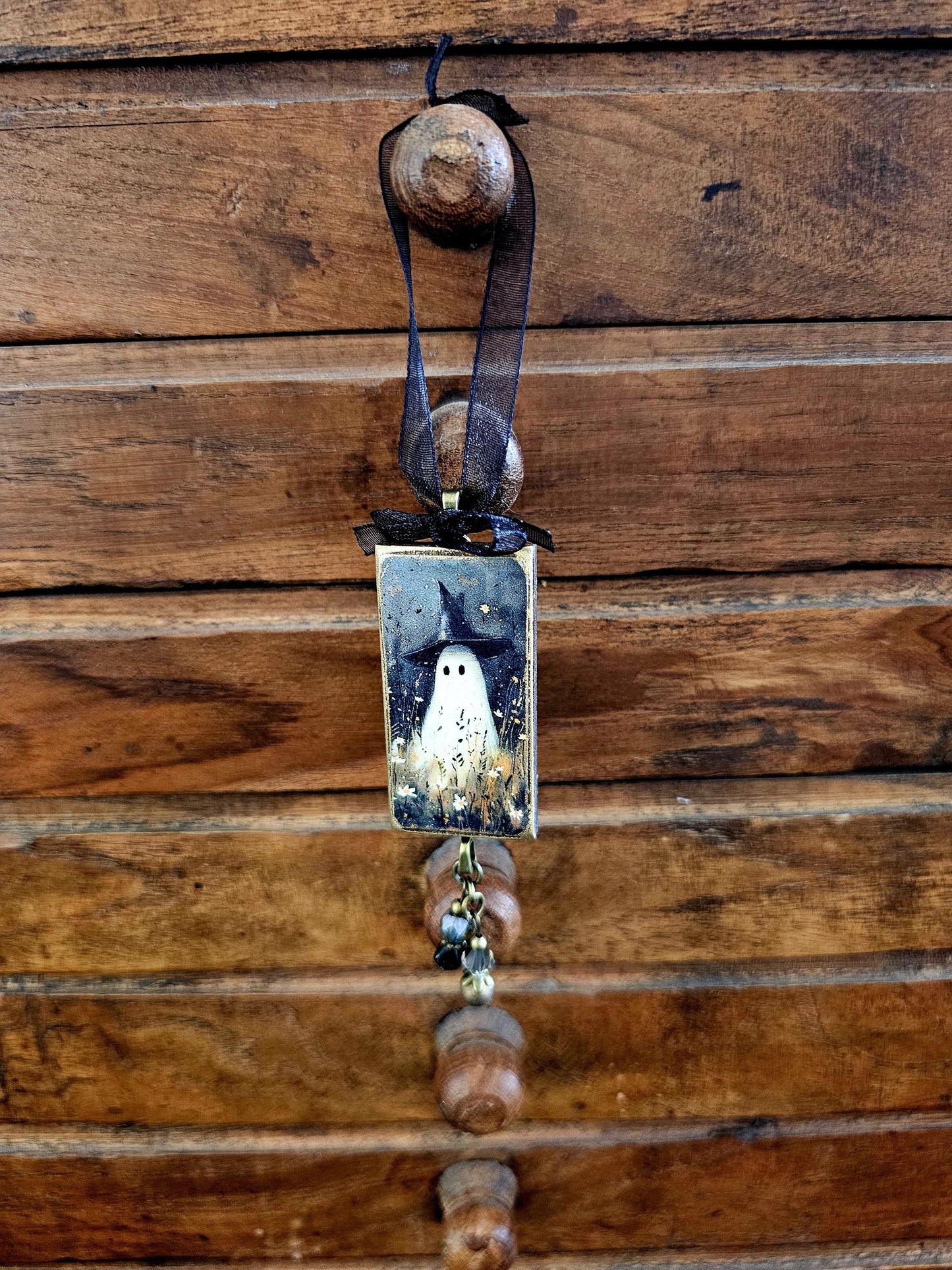 Whimsical Witch Ghost in Wild Flower Field Ornament, Halloween Fall Decor