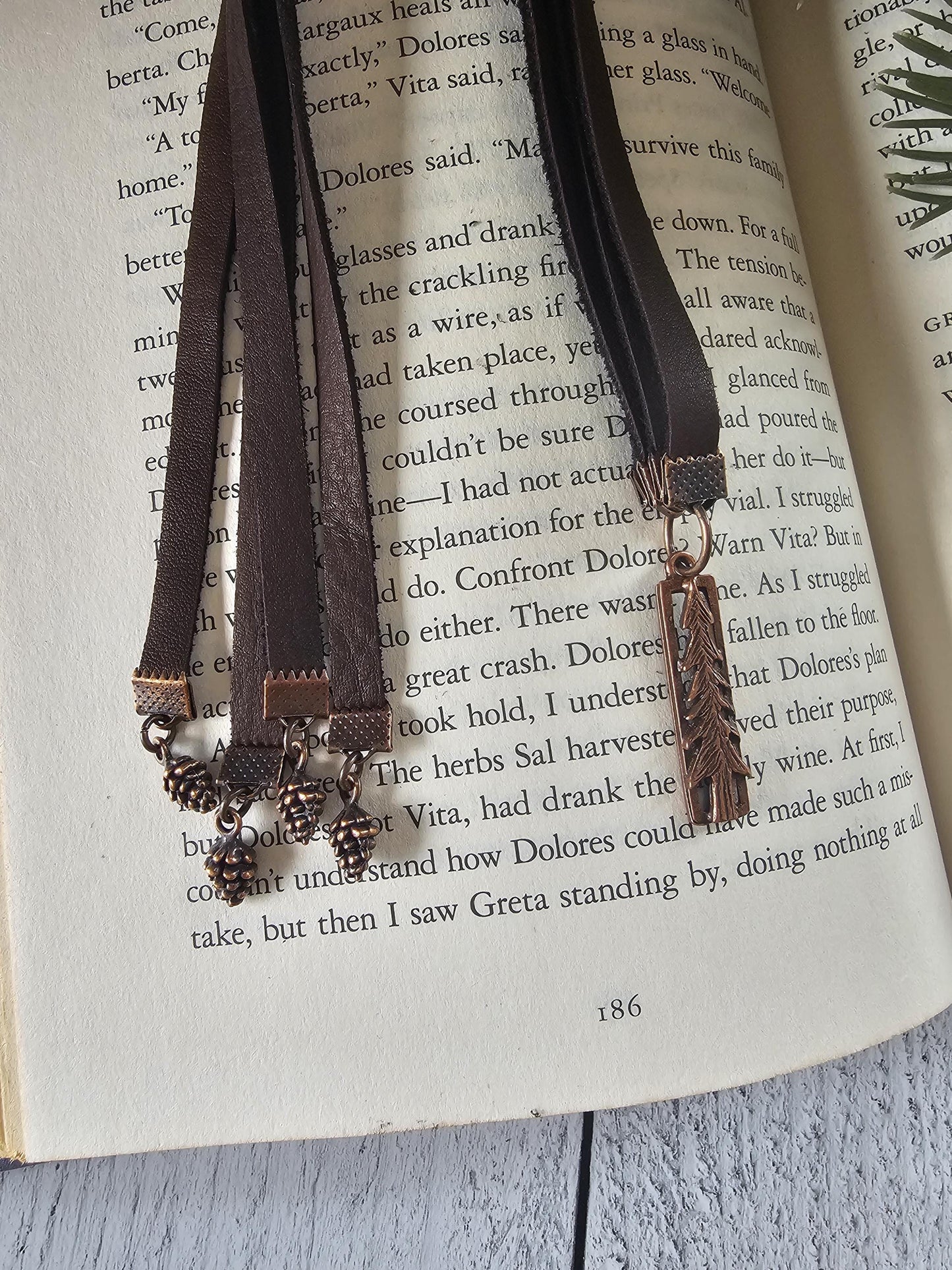 Multi-strand Rustic Bookmark Made With Leather and Copper Plated Pine Tree and Pine Cone Charms, Great Gift for Wilderness Lover