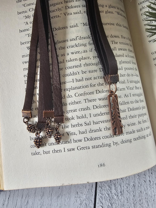Multi-strand Rustic Bookmark Made With Leather and Copper Plated Pine Tree and Pine Cone Charms, Great Gift for Wilderness Lover