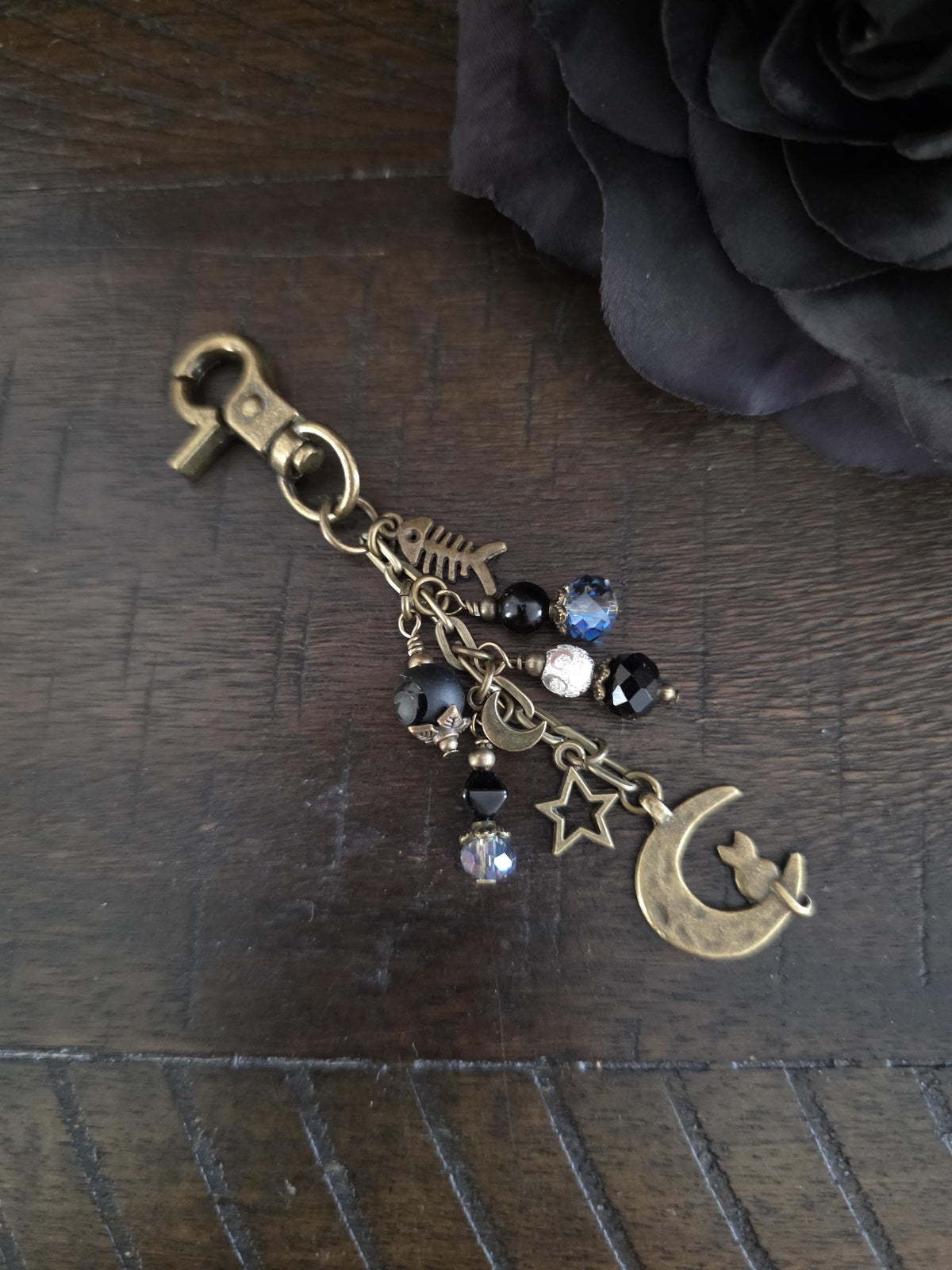 Cat and Moon Purse Charm With Beaded Accents