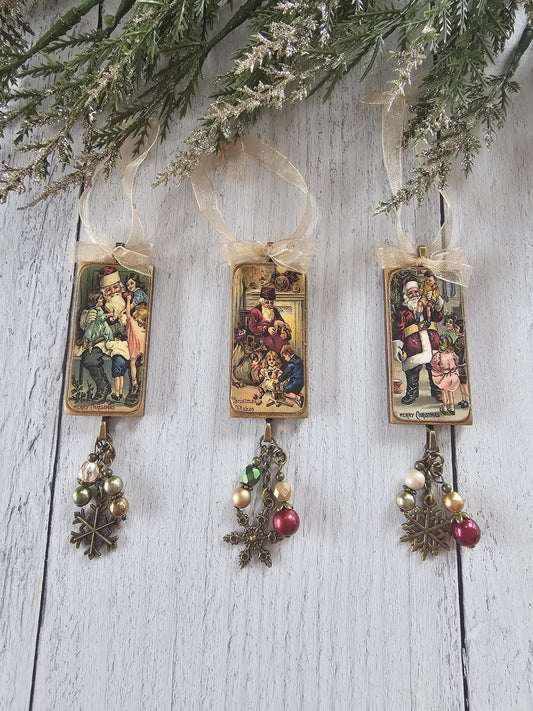 Handmade Christmas Ornaments Featuring Victorian Vintage Santa, Buy One or All Three