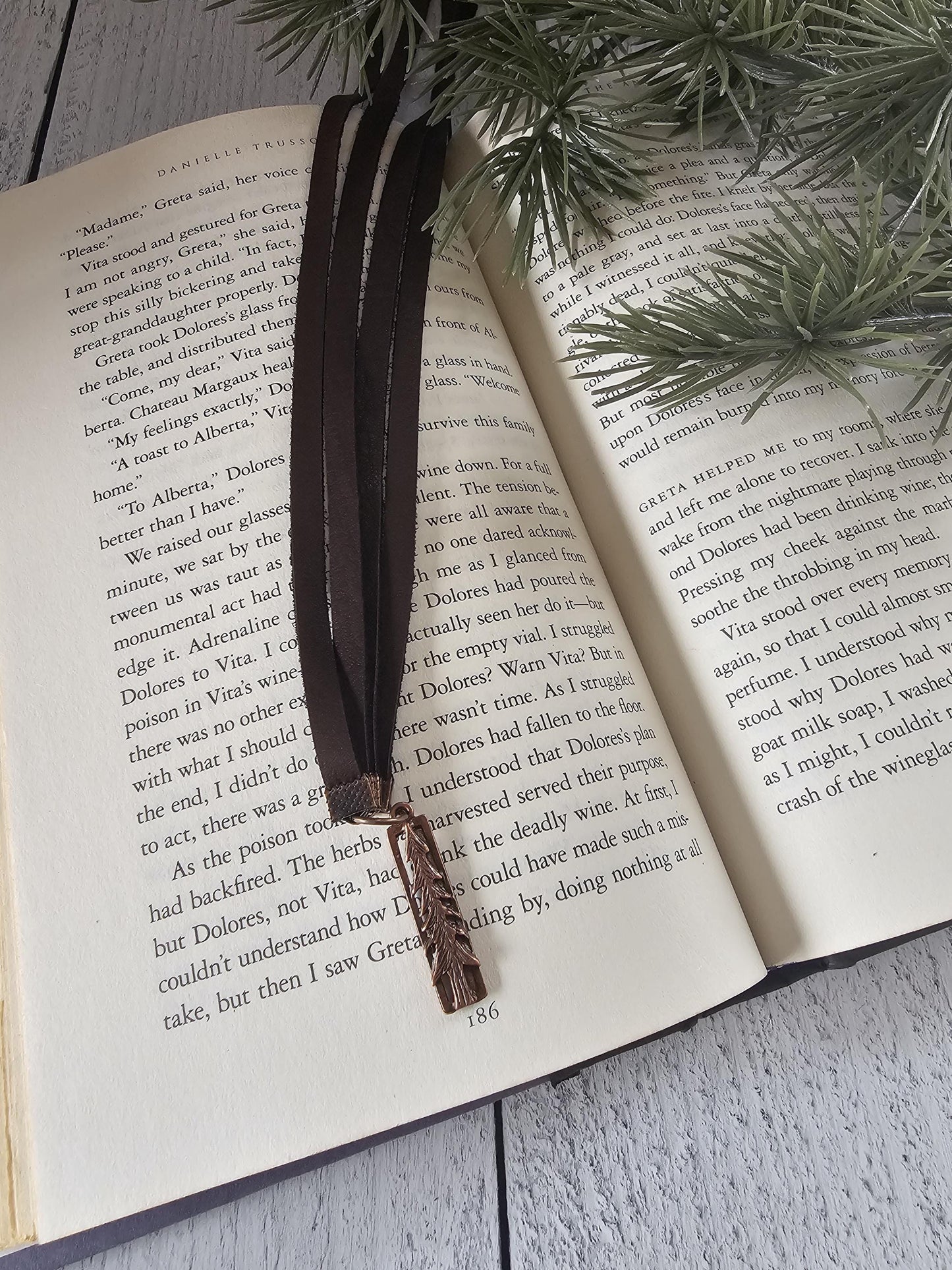 Multi-strand Rustic Bookmark Made With Leather and Copper Plated Pine Tree and Pine Cone Charms, Great Gift for Wilderness Lover