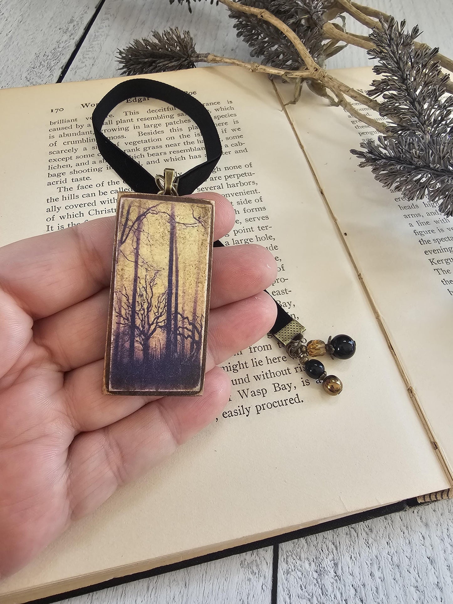 Gothic Bookmark, Spooky Woods Trees Bookmarker, Horror Velvet Ribbon Bookmark, Reader Gift