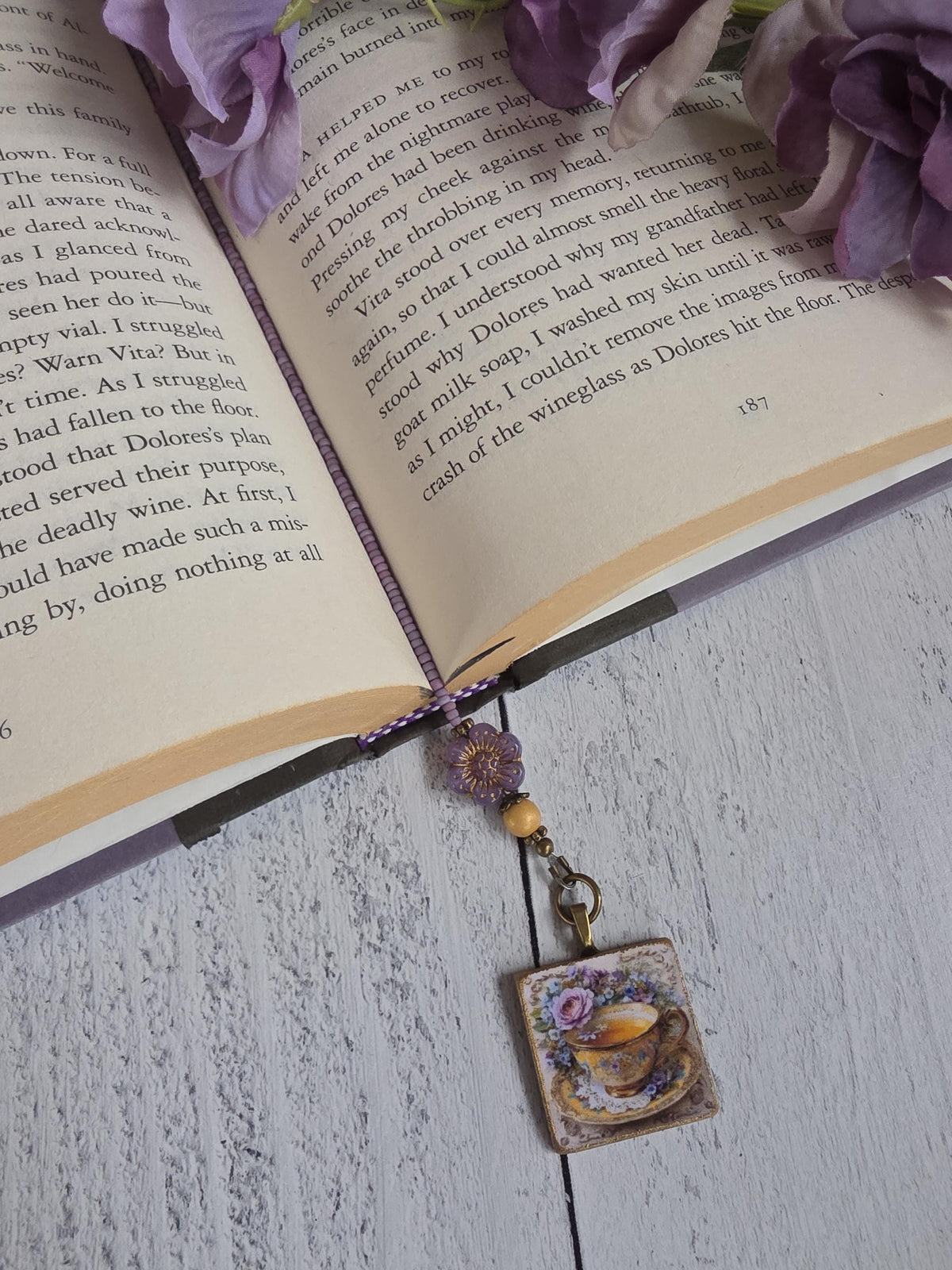 Tea or Coffee Themed Beaded Bookmark With Handmade Tea Cup Picture Pendant