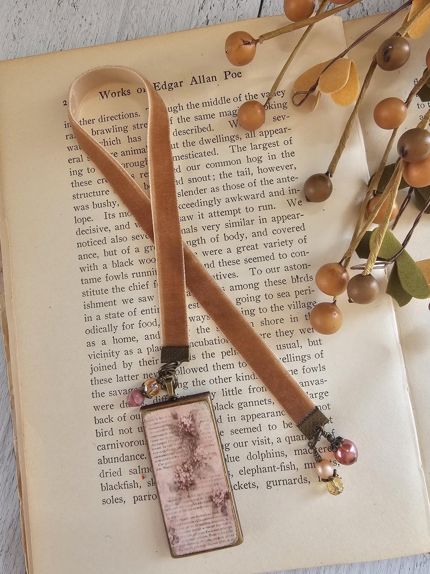 Velvet Ribbon Bookmark, Floral Picture Pendant Bookmarker, Reader Gift, Flower Book Lover Gift, Mother Gift