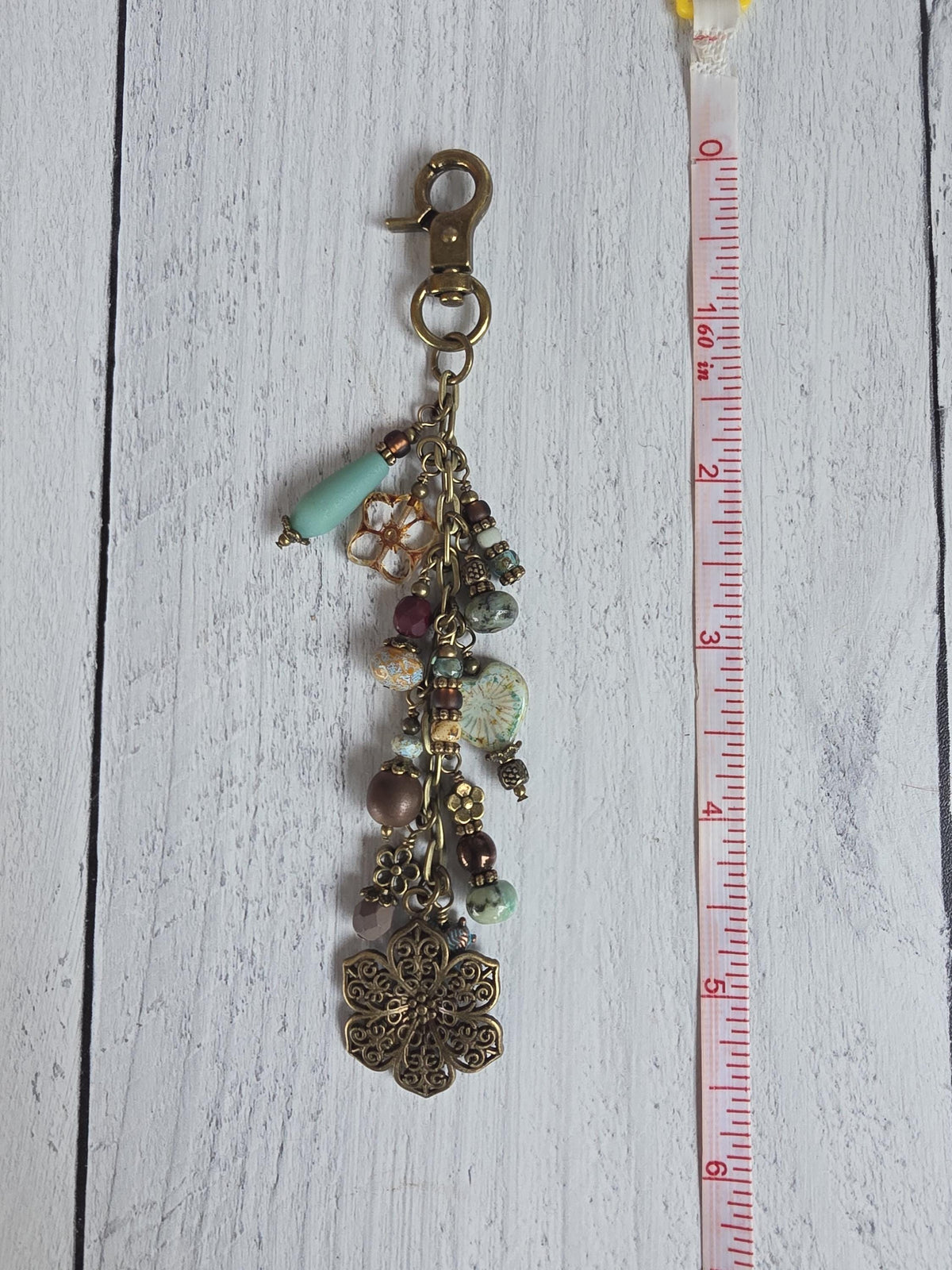 Boho Beaded Bag Charm, Hearts and Flowers in Blue and Brown