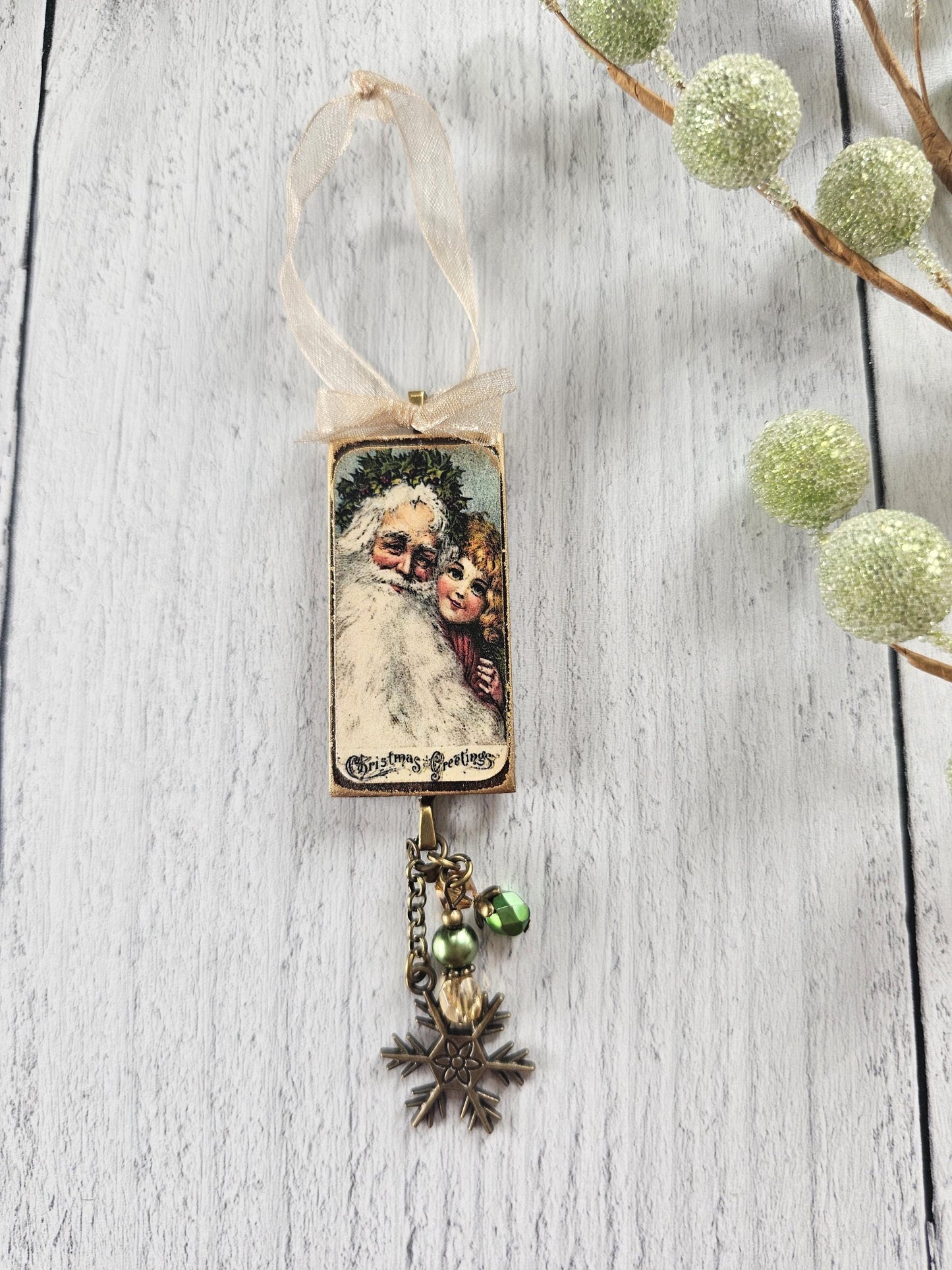 Handmade Holiday Ornament With Vintage Santa Claus 3