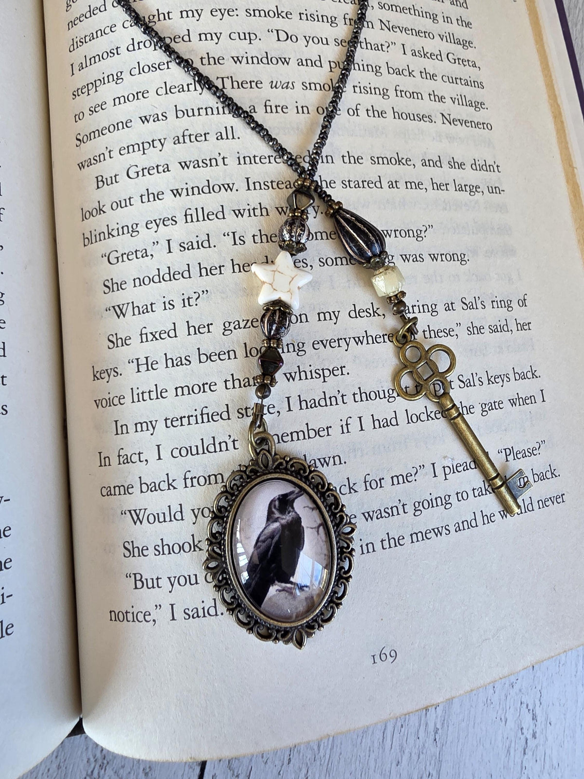 Raven And Bronze Key Bookmark With Velvet Ribbon