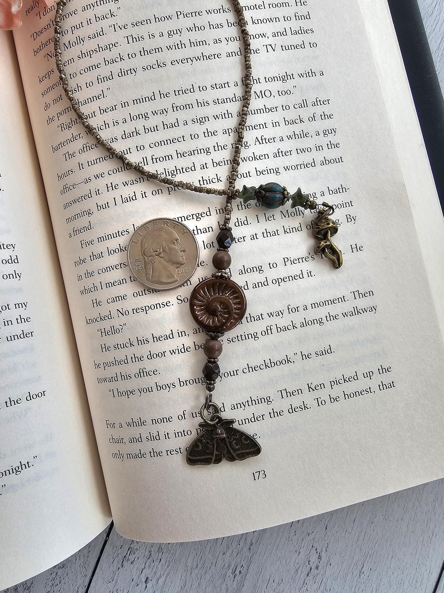 Nature-Inspired Luna Moth Beaded Bookmark with Charming Mushroom Accent