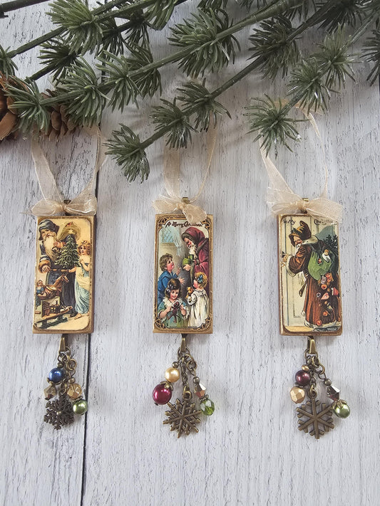 Handmade Christmas Ornaments Featuring Victorian Vintage Santa, Buy One or All Three