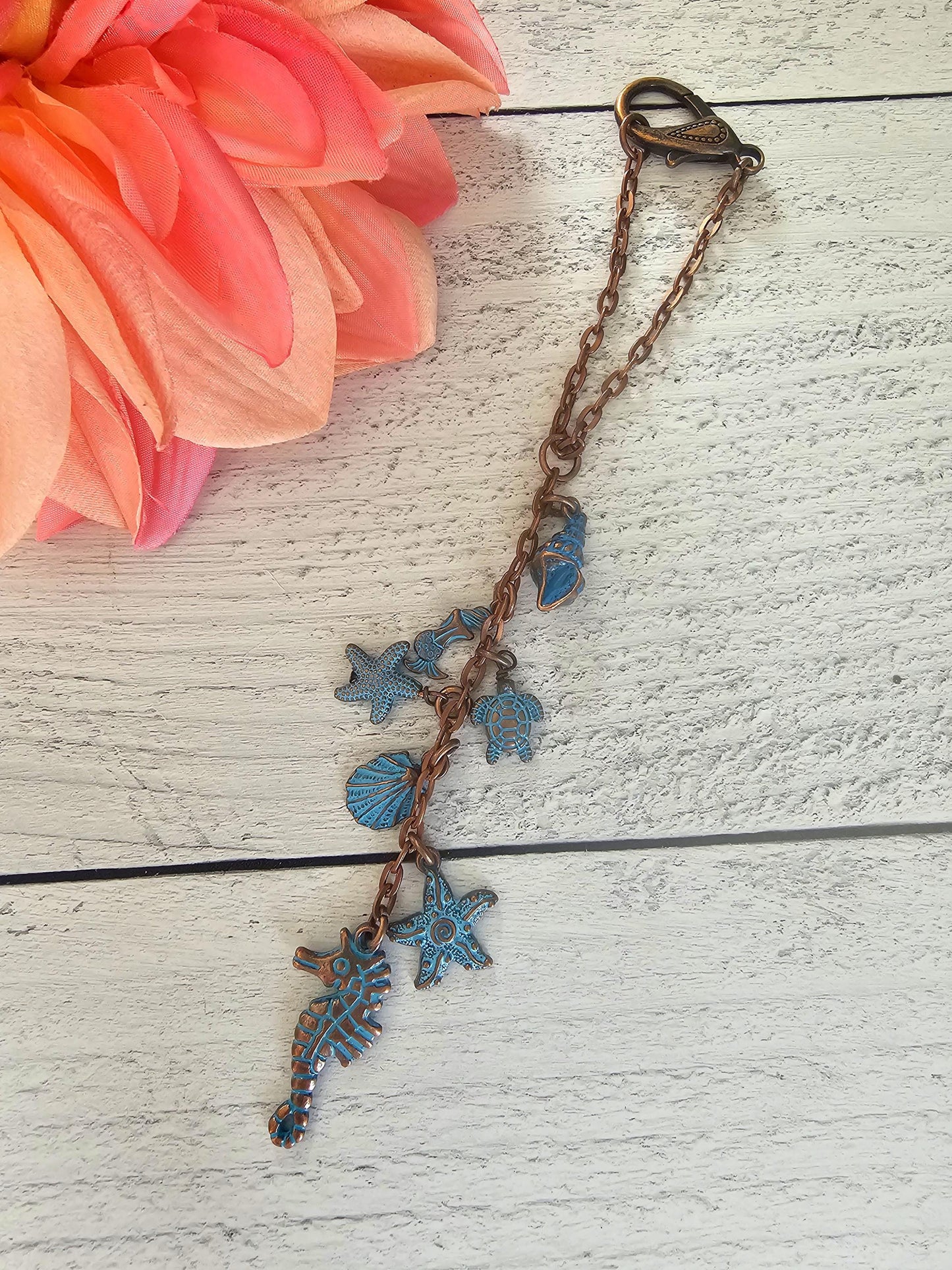 Beach Ocean Themed Car Charm for Rear View Mirror, Copper and Patina