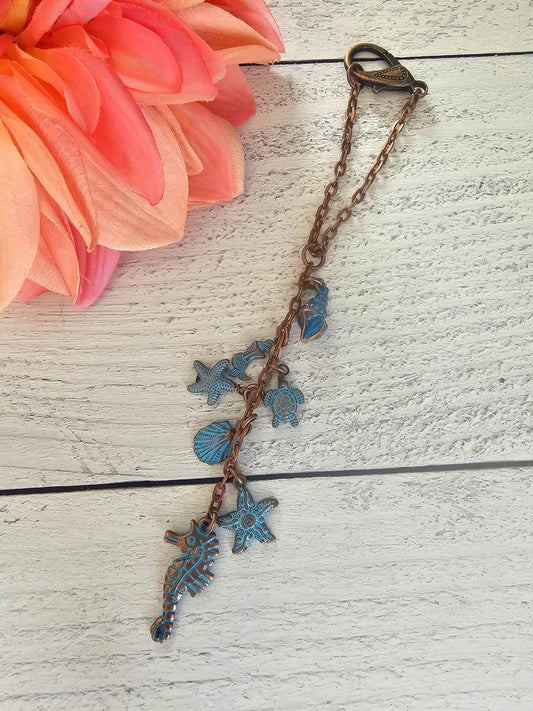 Beach Ocean Themed Car Charm for Rear View Mirror, Copper and Patina