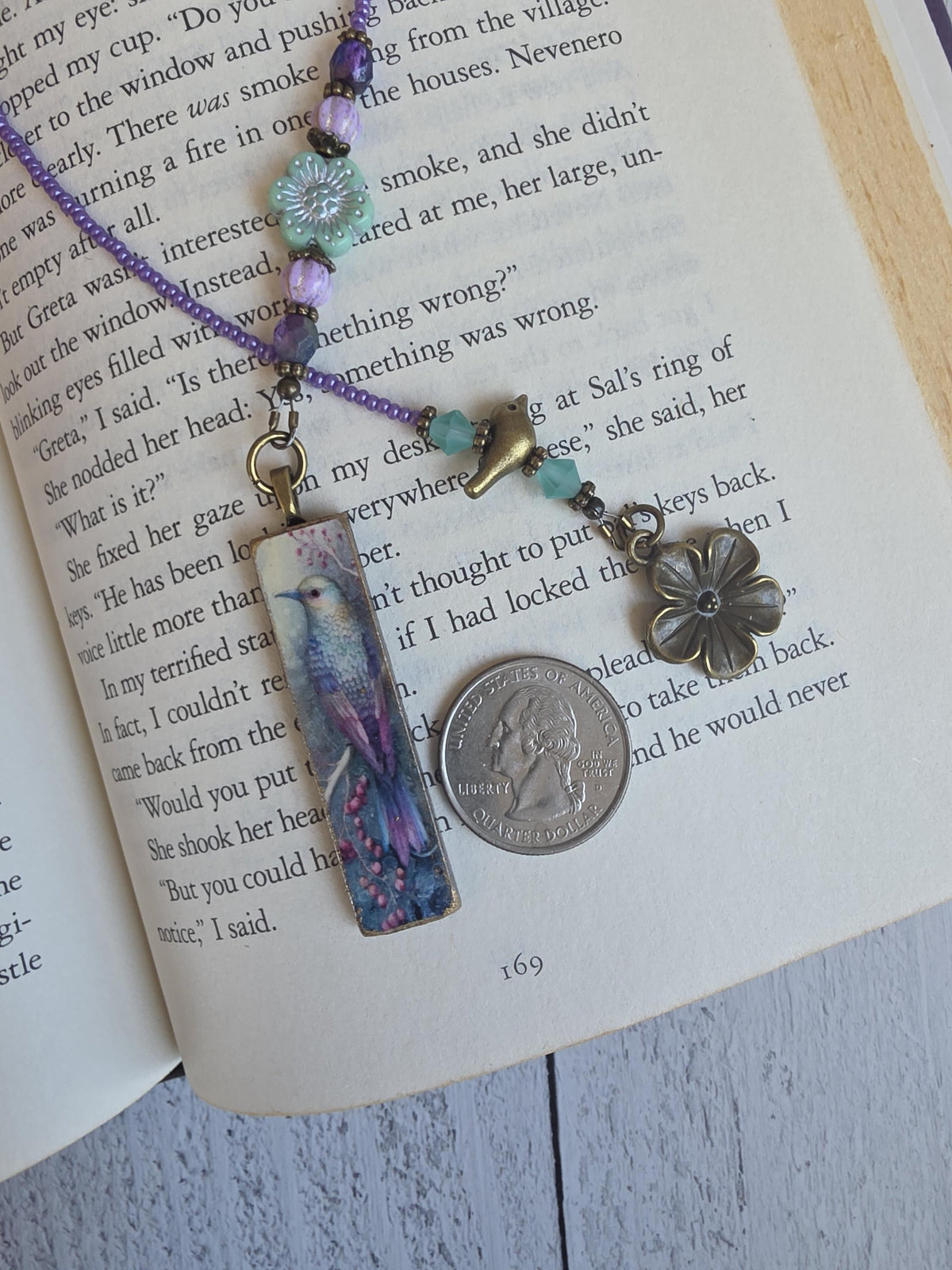 Whimsical Bird Theme Beaded Bookmark With Handmade Pendant