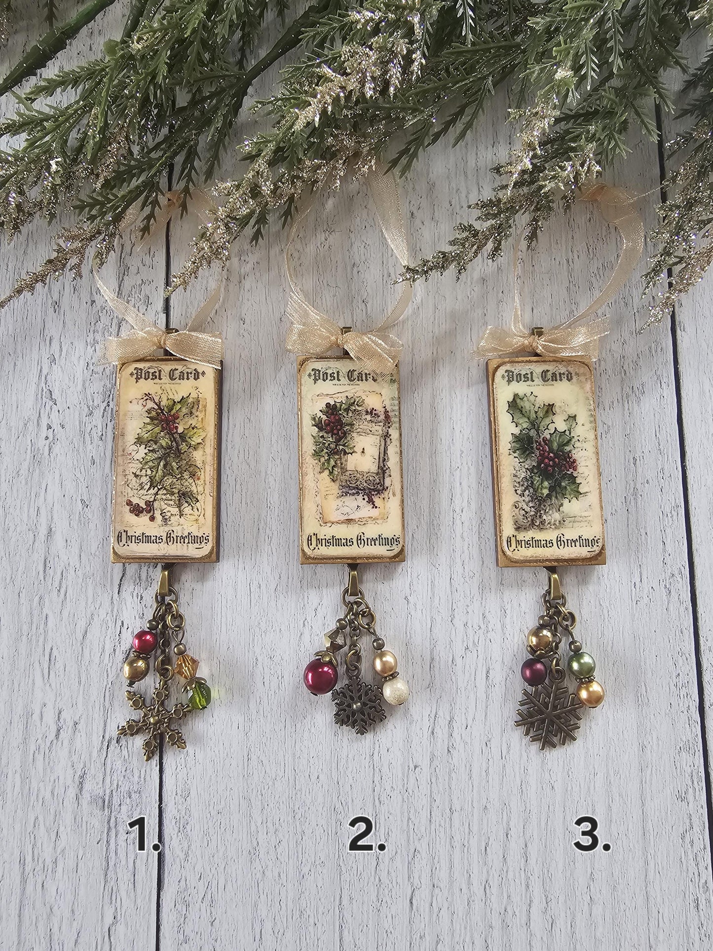Handmade Christmas Ornaments in Vintage Shabby Style With Beaded Accents, Choose One or All Three