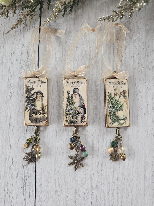 Set of Three Handmade Santa Claus Christmas Ornaments, Buy all 3 or Singles