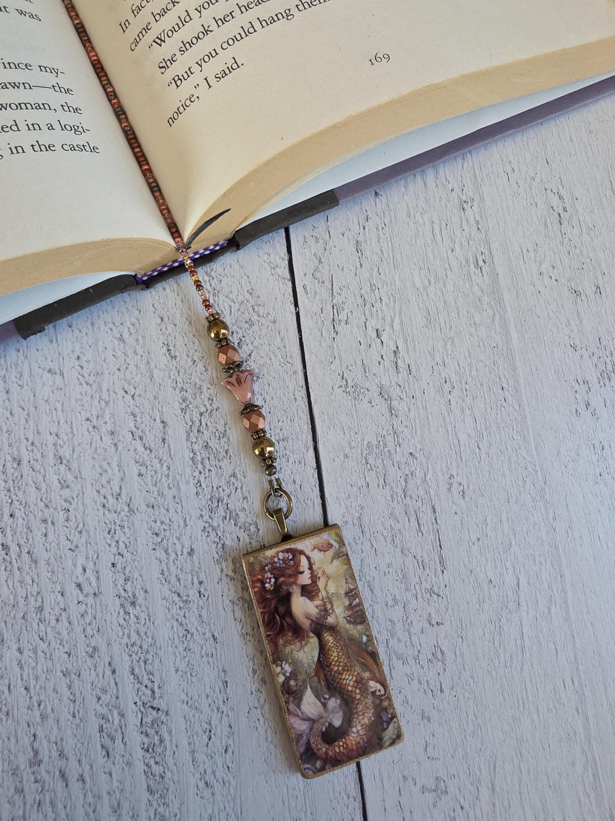 Bronze and Pink Mermaid Beaded Bookmark, Choose Your Length